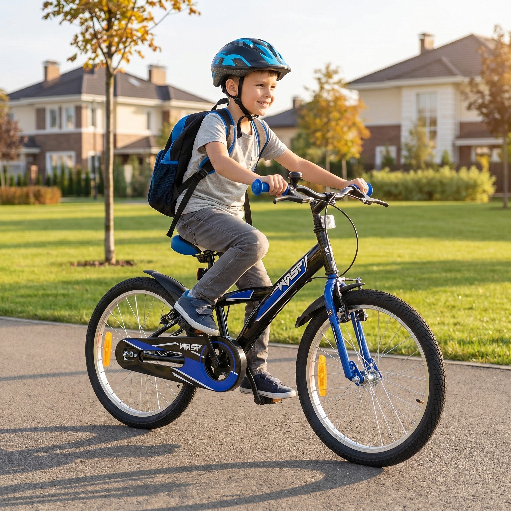 Actionbikes Motors Kinderfahrrad Kinder Fahrrad Wasp 20 Zoll, 1 Gang, ohne Schaltung, (20 Zoll, ab 115 cm Körpergröße, max. Zuladung 40 kg, Klingel, Katzenaugen, Reflektoren, Antirutschgriffe, Fahrradständer, Kettenschutz, V-Brake-Bremsen, Luftbereifung, Schutzbleche, schwarz / blau), höhenverstellbares Bike Jungen Mädchen Rad Kinderrad ab 6 Jahre