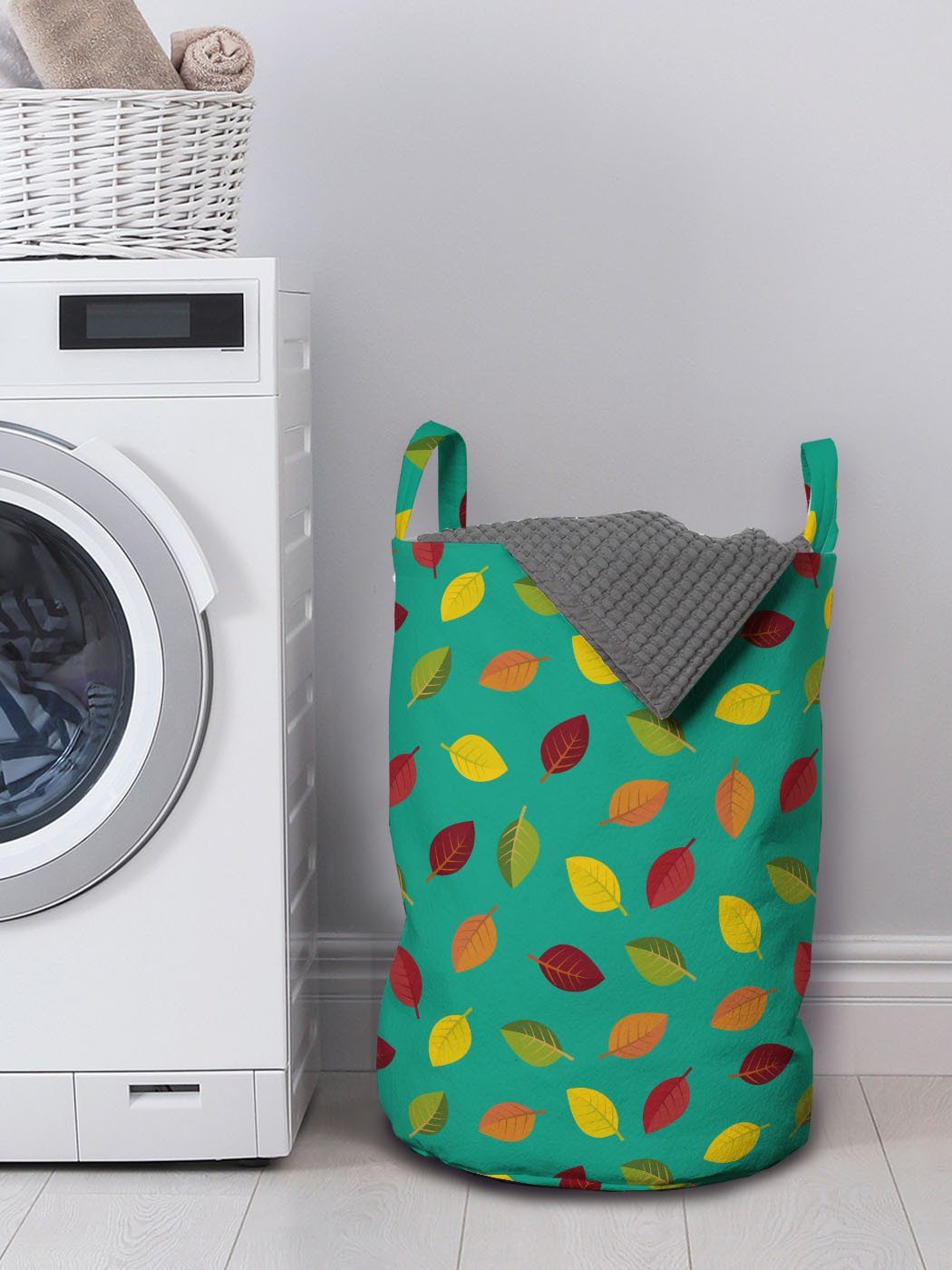 Griffen mit Wäschekorb Waschsalons, Kordelzugverschluss Herbstlaub Kontinuierliche Abakuhaus Blatt-Muster Wäschesäckchen für