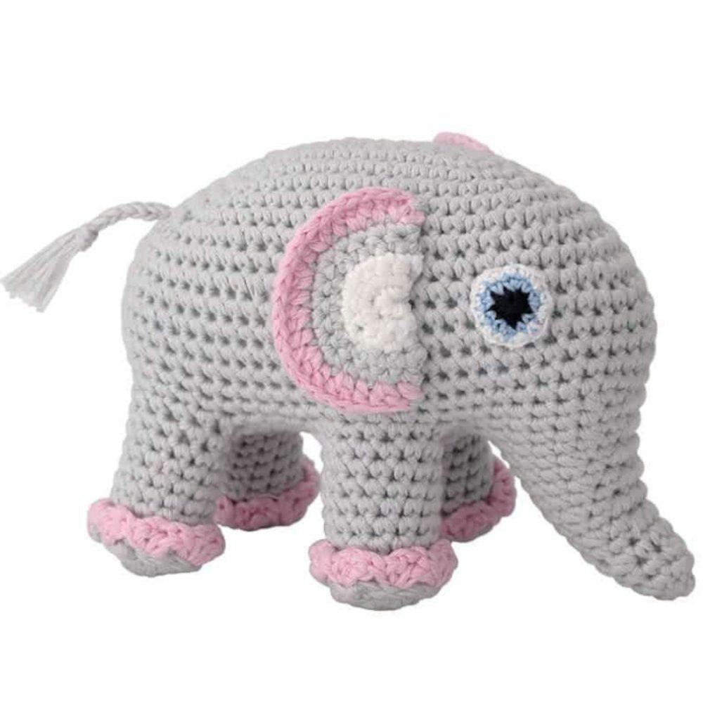 SindiBaba Kuscheltier-Rassel SindiBaba Gehäkeltes Kuscheltier Elefant JUMBO Rassel Rosa-Pink, Eingebaute wasserdichte Rassel, Gehäkelt