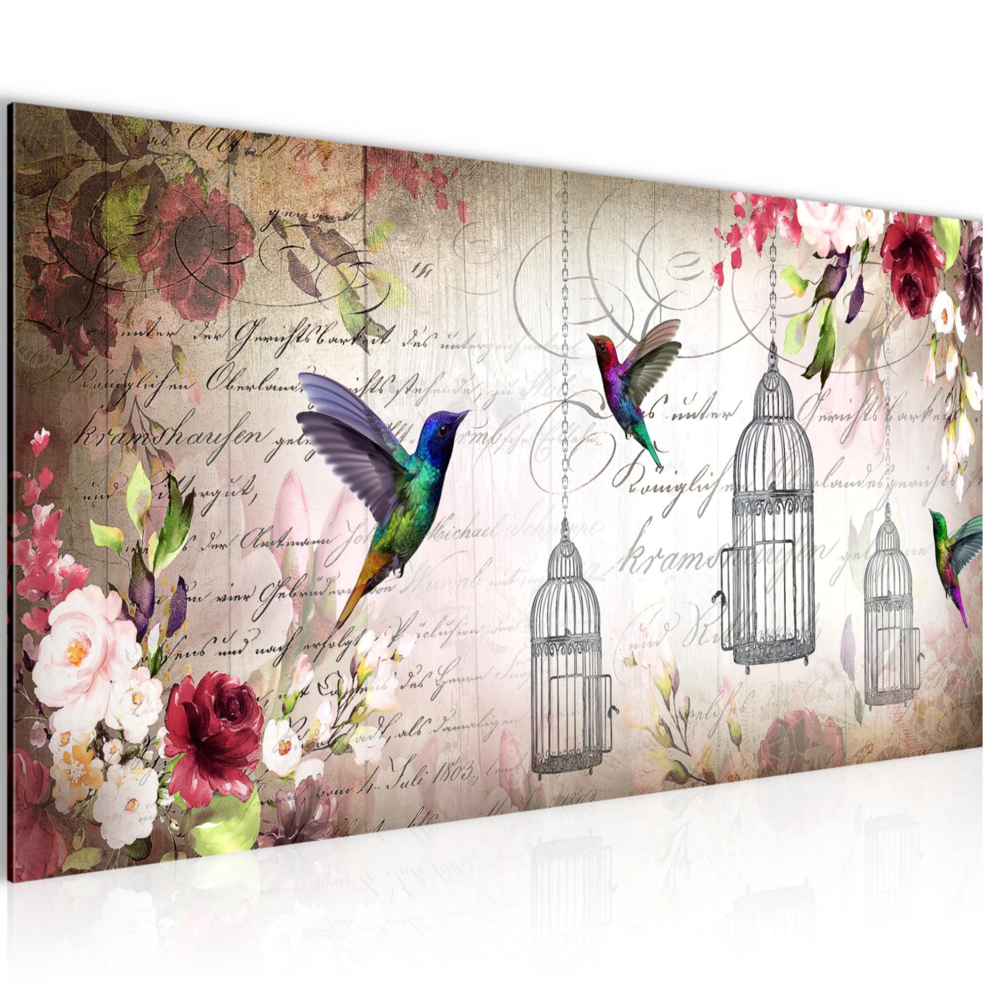 Runa Art Wandbild Vogel Vintage Modern Bild auf Vlies Leinwand Kolibri Rosa 0377, 100L x 40B cm