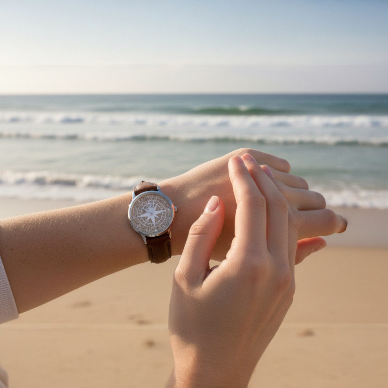 DUR Quarzuhr Damenuhr DW001, 36 mm – Kompass-Design mit echtem Strandsand, & braunem Lederband – Symbolstarke Uhr für Abenteurerinnen