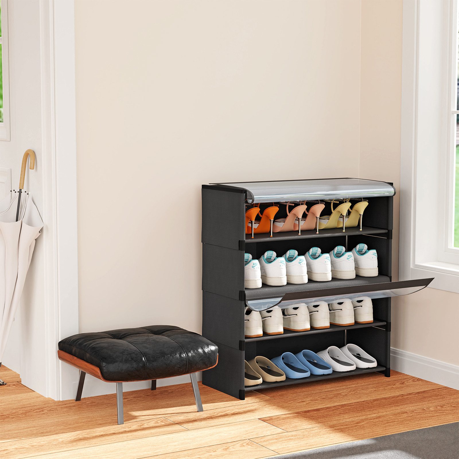 JEOBEST Schuhregal 4-stufiger Schuhschrank, mit Staubdichtem, Schuh-Organizer, Platzsparend, Schuhaufbewahrung aus Stoff, PP-Kunststoff – Bild 3 von 5