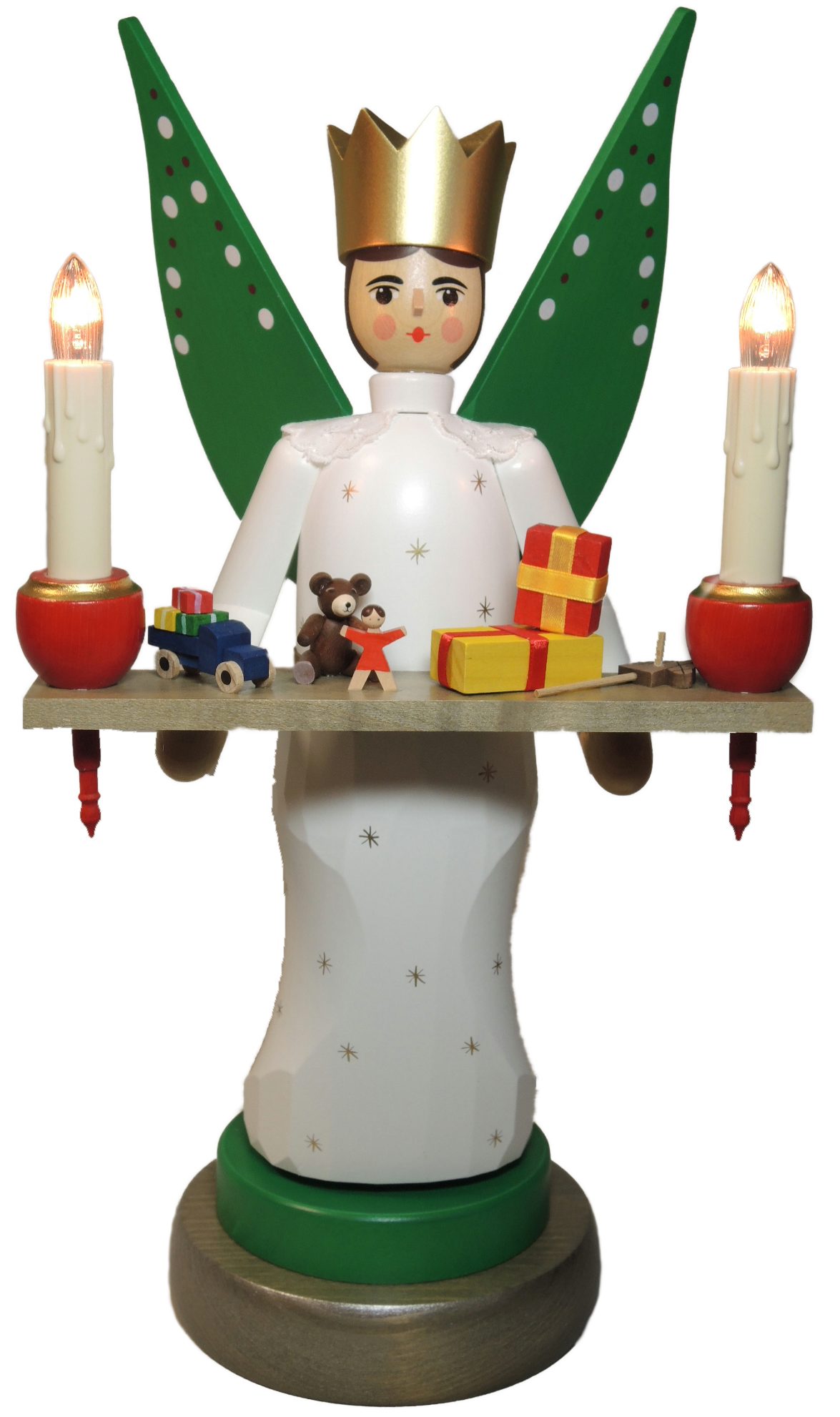 Richard Glaesser Kerzenhalter Engel mit Spielzeug, elektrisch beleuchtet, Höhe 40cm, Handwerkskunst original Erzgebirge