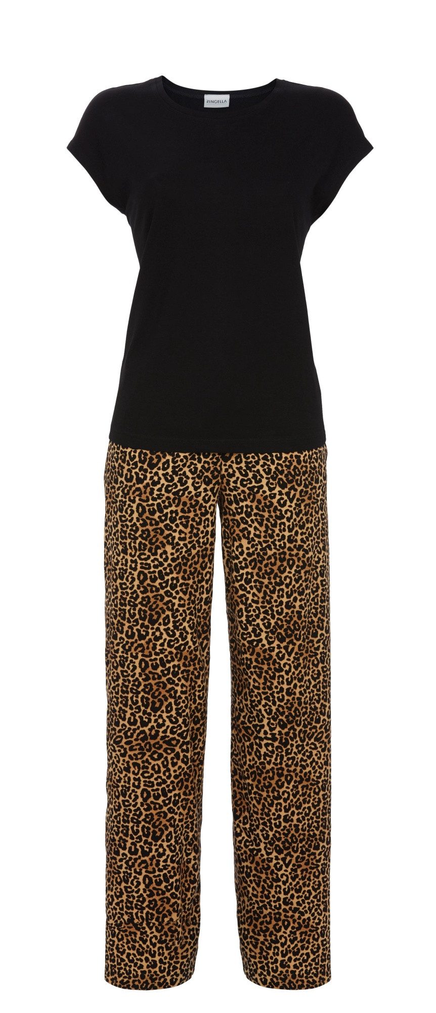 Ringella Loungeanzug - Zweiteiler mit schwarzem Oberteil und langer Hose mit Leo-Print (2 tlg) hautsympathisch & luftig leicht