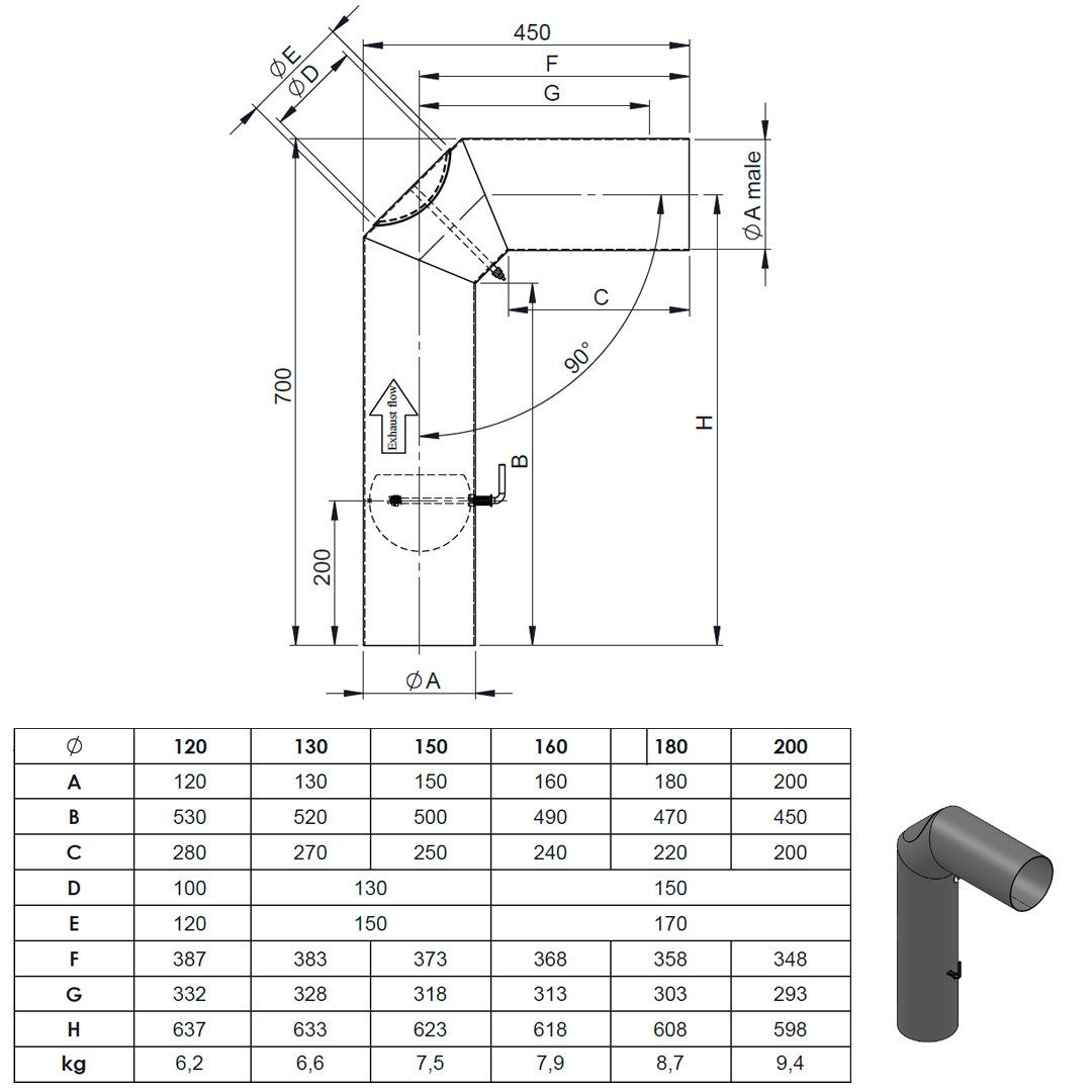 Feuercampus Ofenrohr Ø 150 mm Bogen lang - mit Tür und Drosselklappe - schwarz, 150 mm – Bild 2 von 2