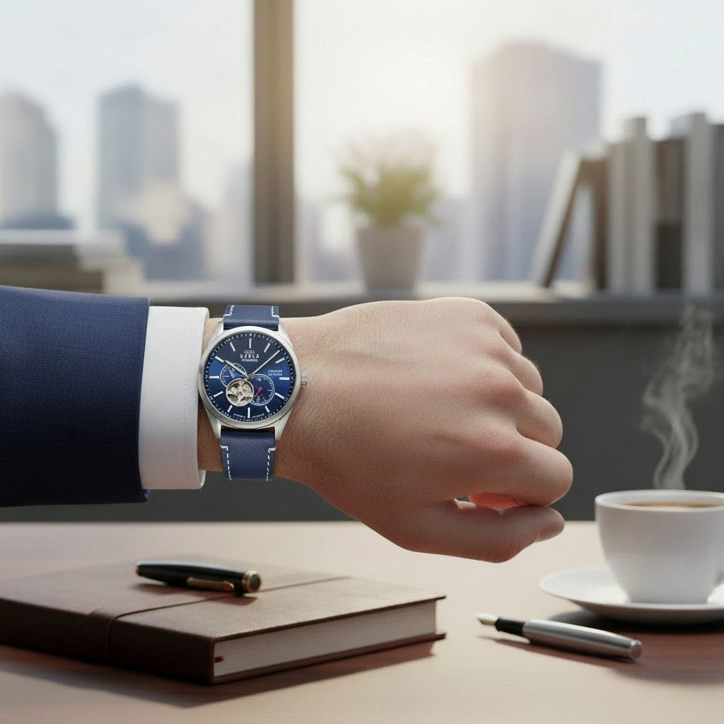 UMR Ruhla Automatikuhr Herrenuhr – Titan, Open Heart, Saphirglas, 80301, blaues Lederarmband, 42 mm - Made in Germany