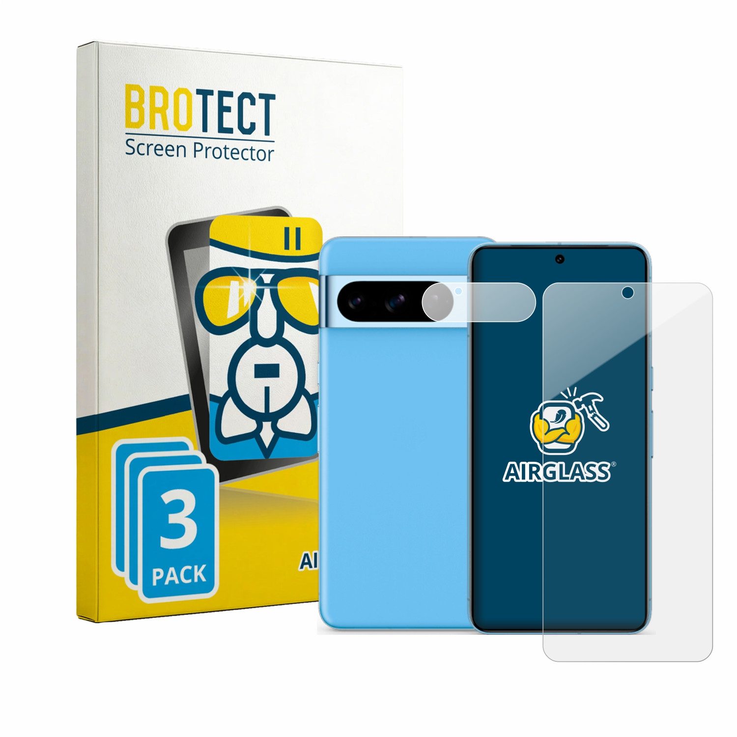 BROTECT Displayschutzglas Folie für Google Pixel 8 Pro (Display+Kamera), 3 Stück, Schutzfolie Glas Panzer Display Schutz klar