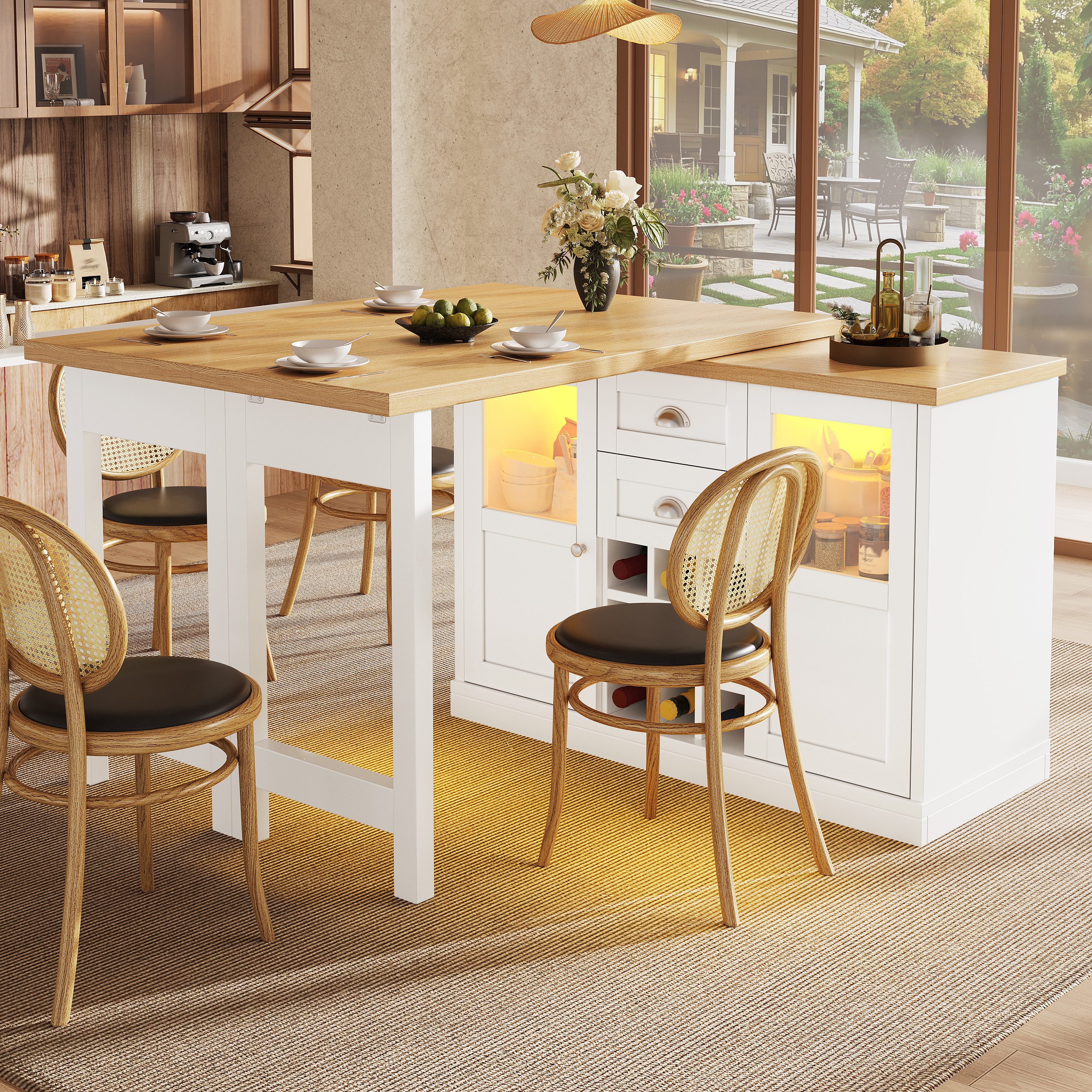 STILVORA Kücheninsel Ausziehbarer Esstisch Barschrank mit Stauraum & Weinregal, (360° drehbar, ausziehbar 120-197cm, LED-Beleuchtung, Weinregal), für Esszimmer, Küche, Wohnzimmer, Barbereich, Homeoffice