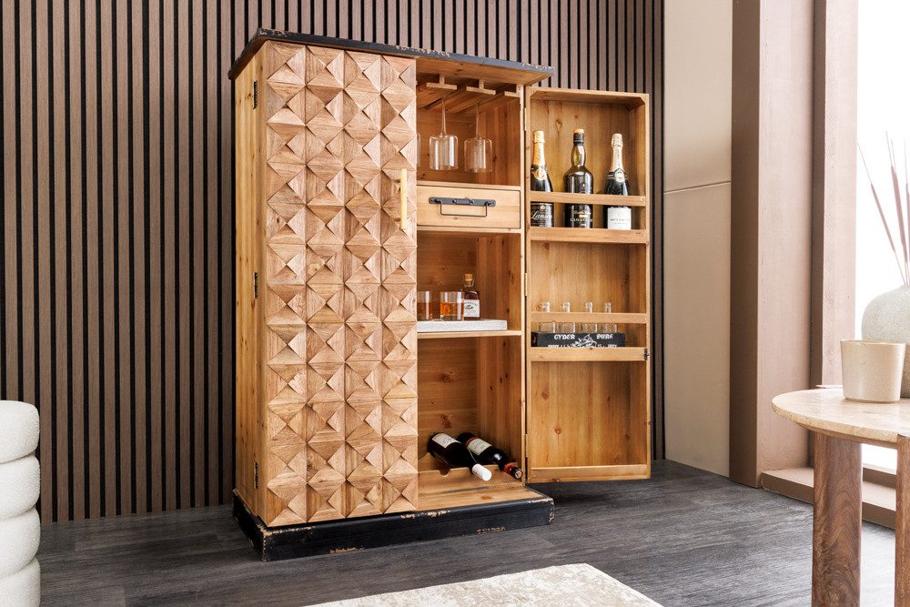 riess-ambiente Barschrank BODEGA 120cm natur - Pinienholz, 3D-Front, Flaschenregal, Massivholz (Einzelartikel, 1-St) Rustikaler Getränkeschrank - ideal f. Wohnzimmer, Küche od. Barbereich