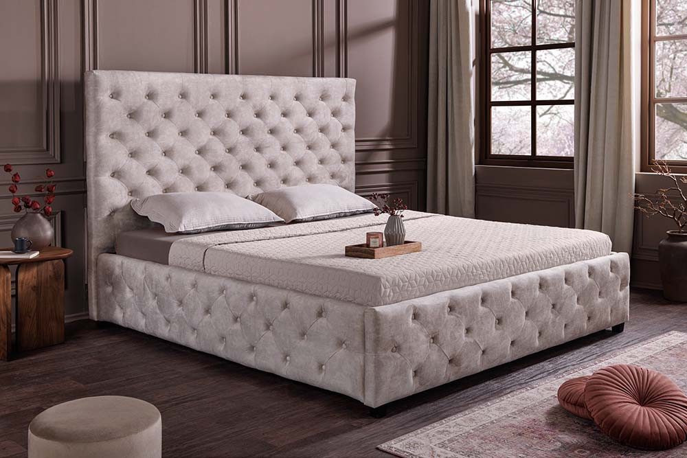 riess-ambiente Boxbett PARIS 180x200cm champagner beige - Samt, inkl. Lattenrost & Bettkasten (Einzelartikel, 1-St), Chesterfield Queensize-Bett mit Stauraum - ideal für Schlafzimmer
