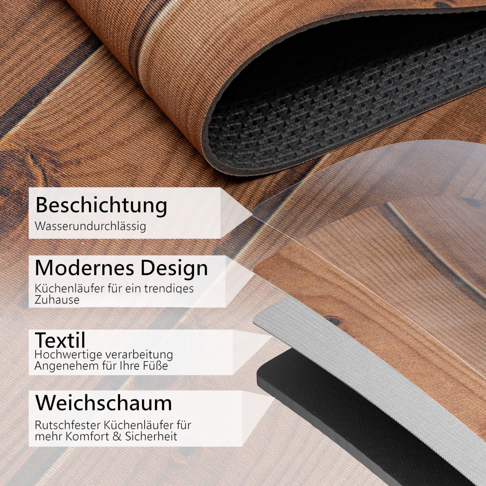 ANRO Küchenläufer RANNA Hochwertig Küchenteppich Teppich Textil, Eckig, Bodenläufer 100x65cm Holz Dielen Braun pflegeleicht – Bild 5 von 5