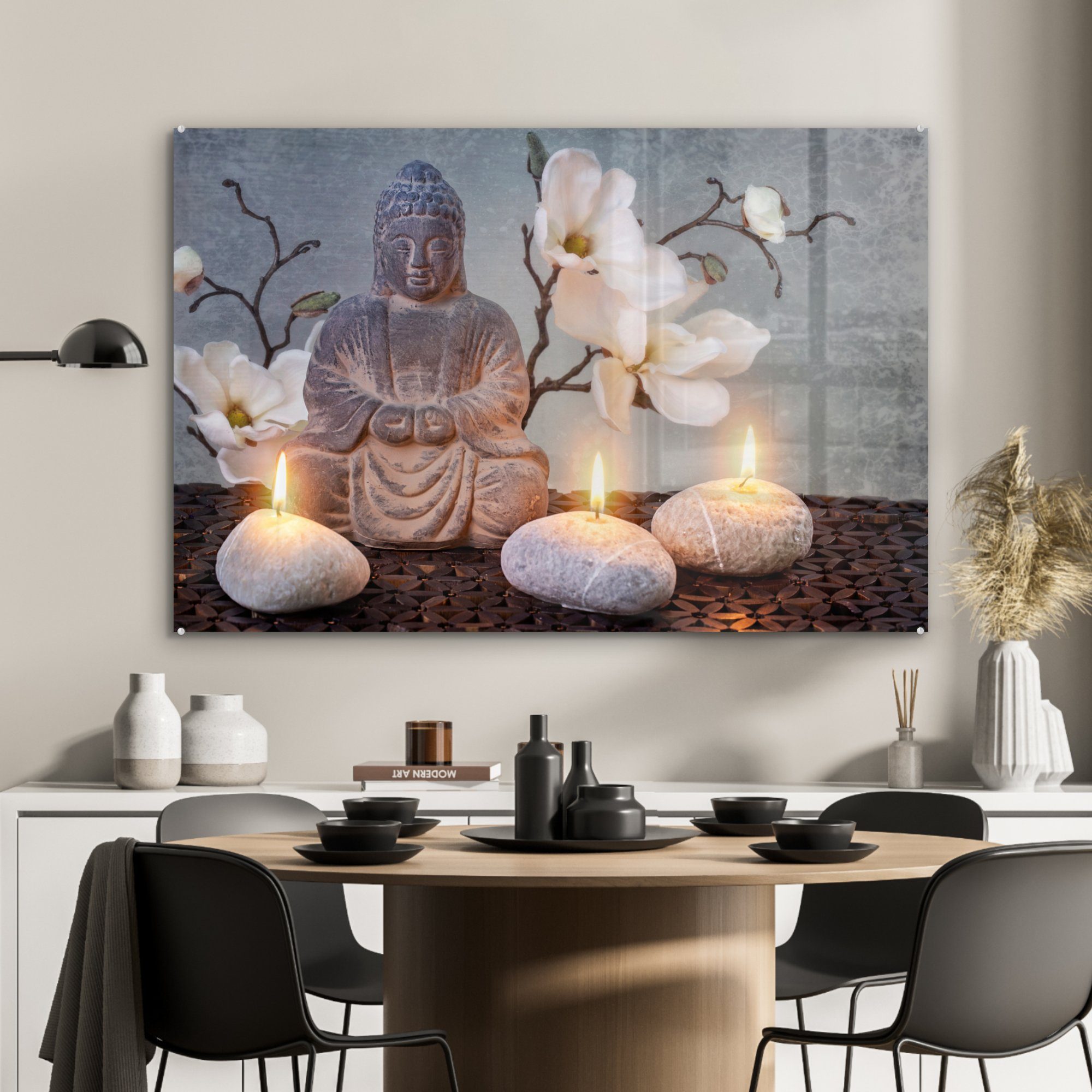 MuchoWow Acrylglasbild Buddha - Kerzen Grau, Wohnzimmer Acrylglasbilder Schlafzimmer (1 & St), 