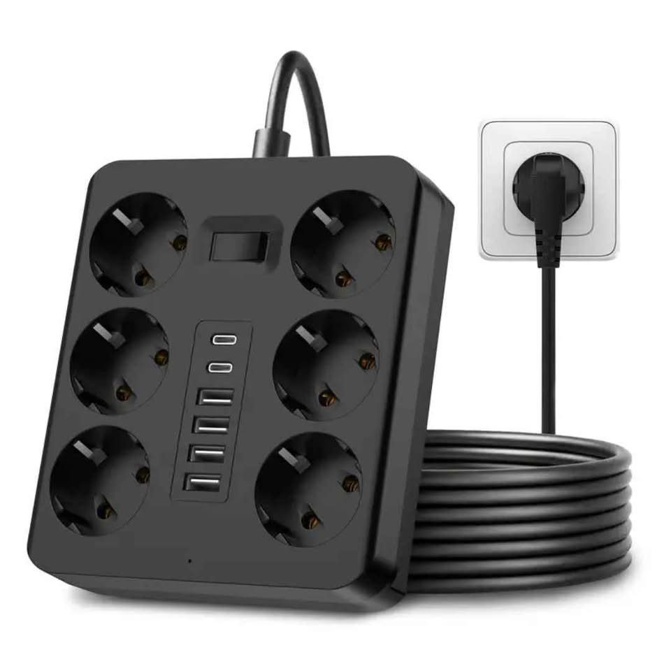 LaCute Steckdosenleiste 6 Schuko 4 USB 2 Type-C 2500W mit Überspannungsschutz Mehrfachsteckdose 12-fach (6 Schuko-Steckdosen, 4 USB-A Ports, 2 USB-C Ports, Überspannungsschutz, 1,8 m Kabel, kompakte Bauweise, Überspannungsschutz, Kurzschlussschutz, Überlastschutz, Kabellänge 1,8 m), Sicheres Laden mehrerer Geräte, Überspannungsschutz, hitzebeständig