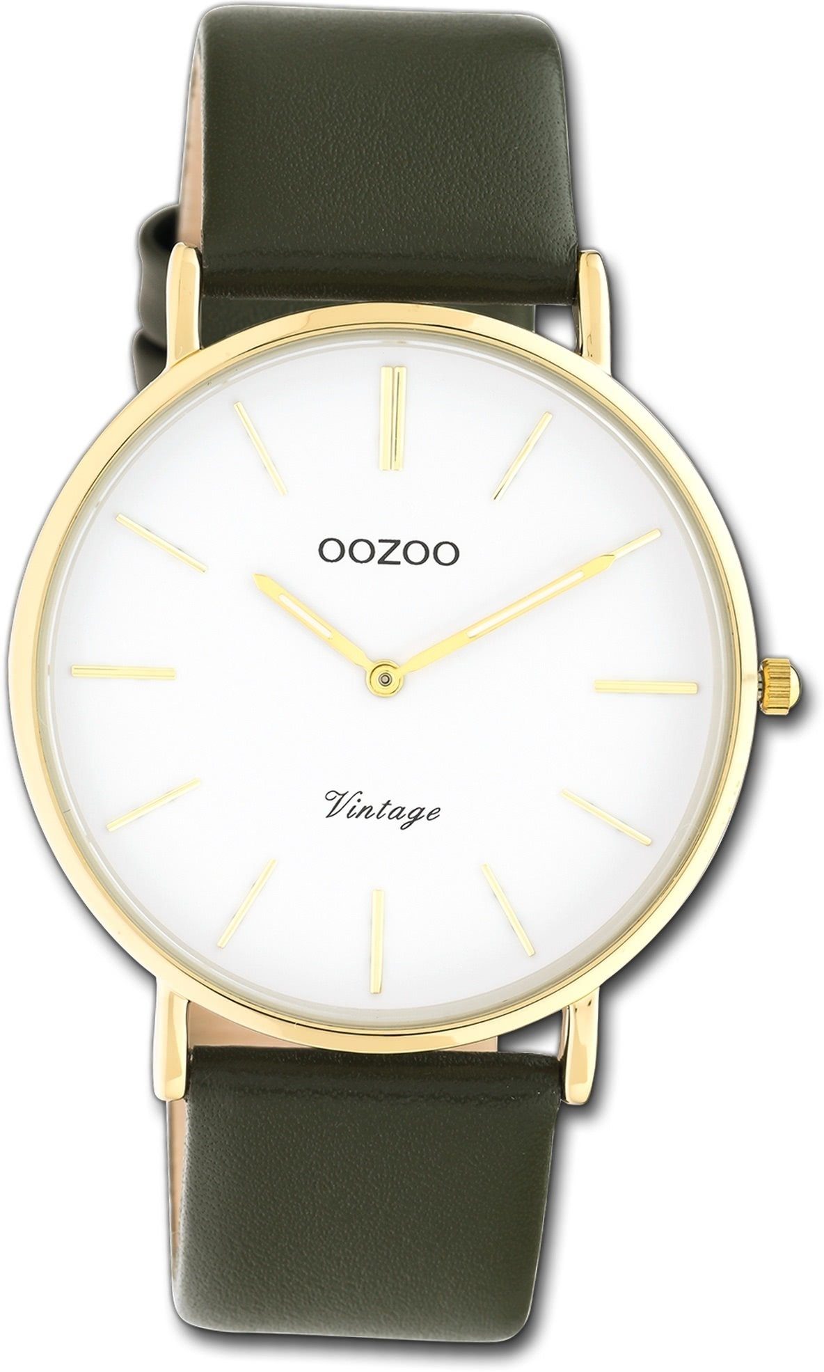 OOZOO Quarzuhr Oozoo Damen Armbanduhr Ultra Slim, Damenuhr Lederarmband olivgrün, rundes Gehäuse, groß (ca. 40mm)