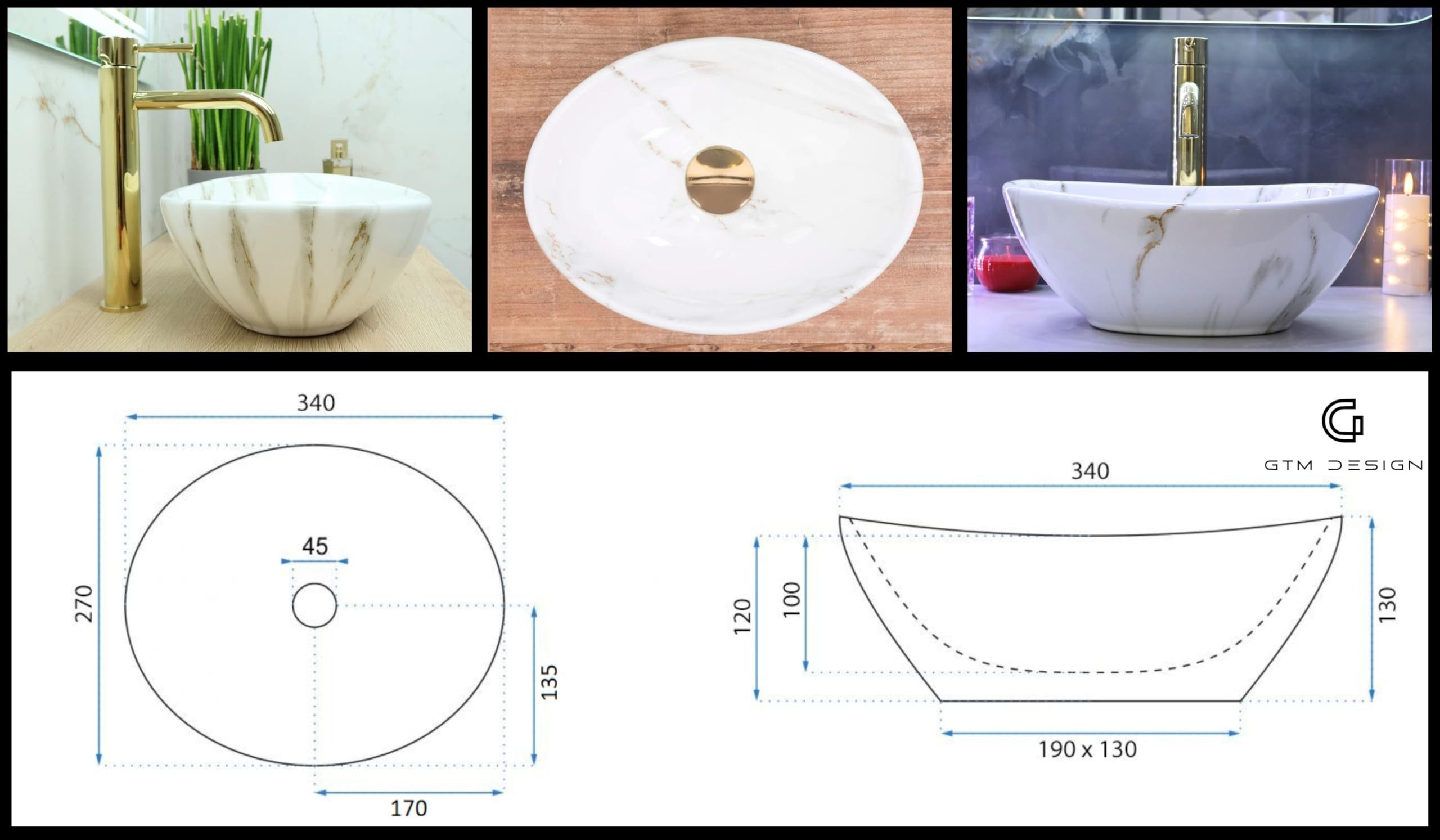 GTM Design Aufsatzwaschbecken Modern Waschbecken ohne Hahnloch Elegant Aufsatzwaschbecken Oval