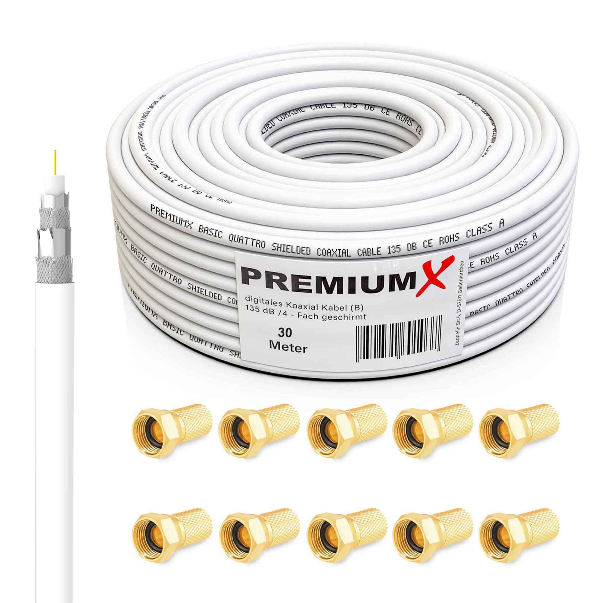 PremiumX 30m BASIC Koaxialkabel 135dB 4-fach SAT Koax Kabel 10x F-Stecker SAT-Kabel
