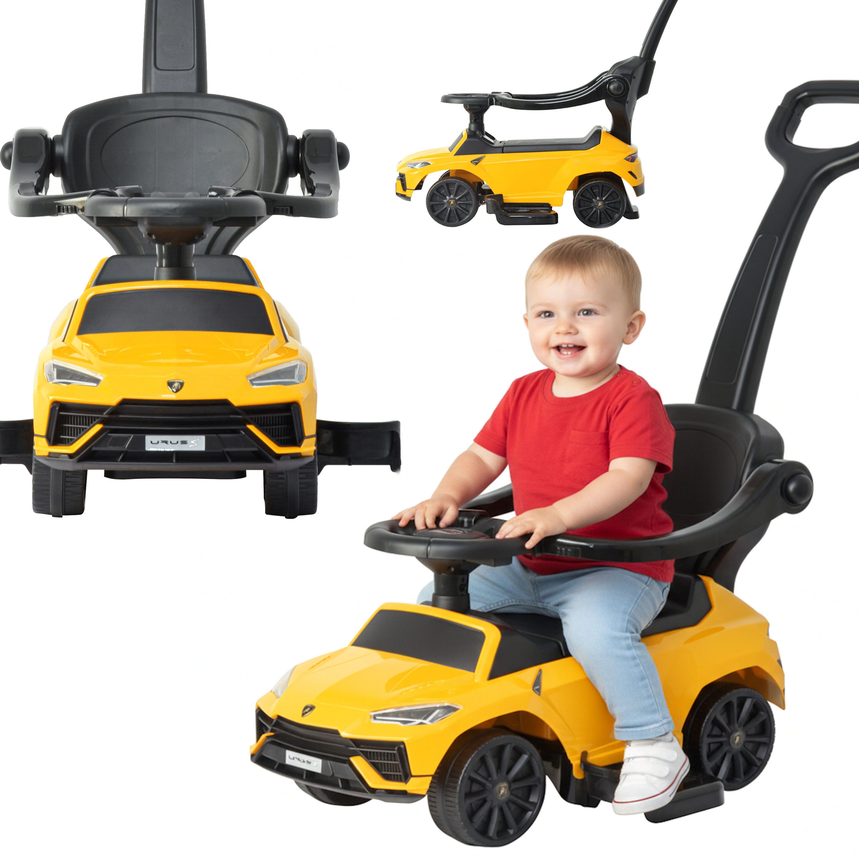 COIL Rutscherauto Babyrutscher, Kinderauto, Schiebeauto, 3in1, mit Druckgriff, interaktives Lenkrad, Musik- und Hupenknöpfe, ab 12 Monaten