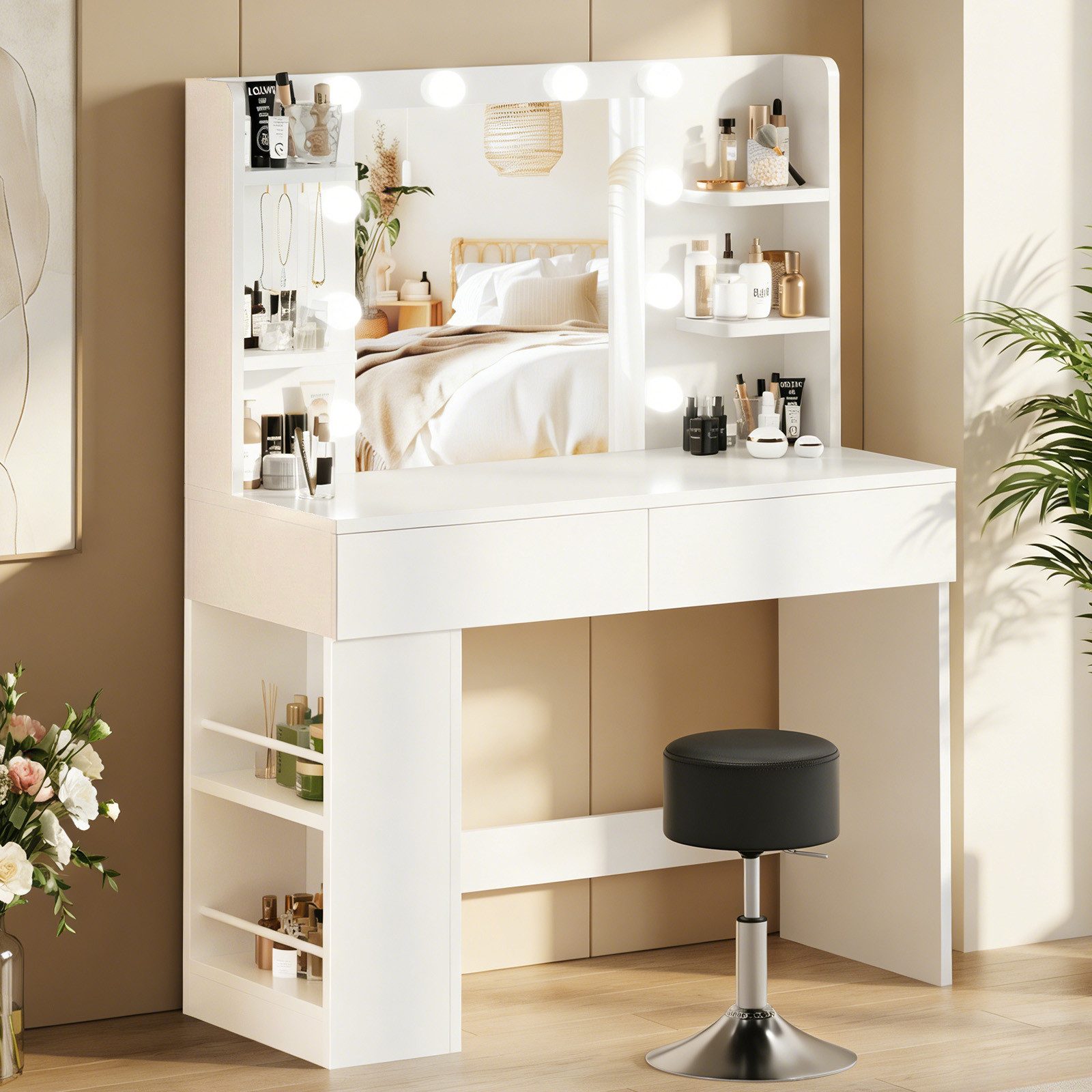 HOMALL Schminktisch Mit dreifarbiger LED-Beleuchtung, Helligkeit einstellbar (Länge × Breite × Höhe) 90 × 40 × 137 cm, mit Steckdose und 2 USB-Anschlüssen, seit – Bild 3 von 5