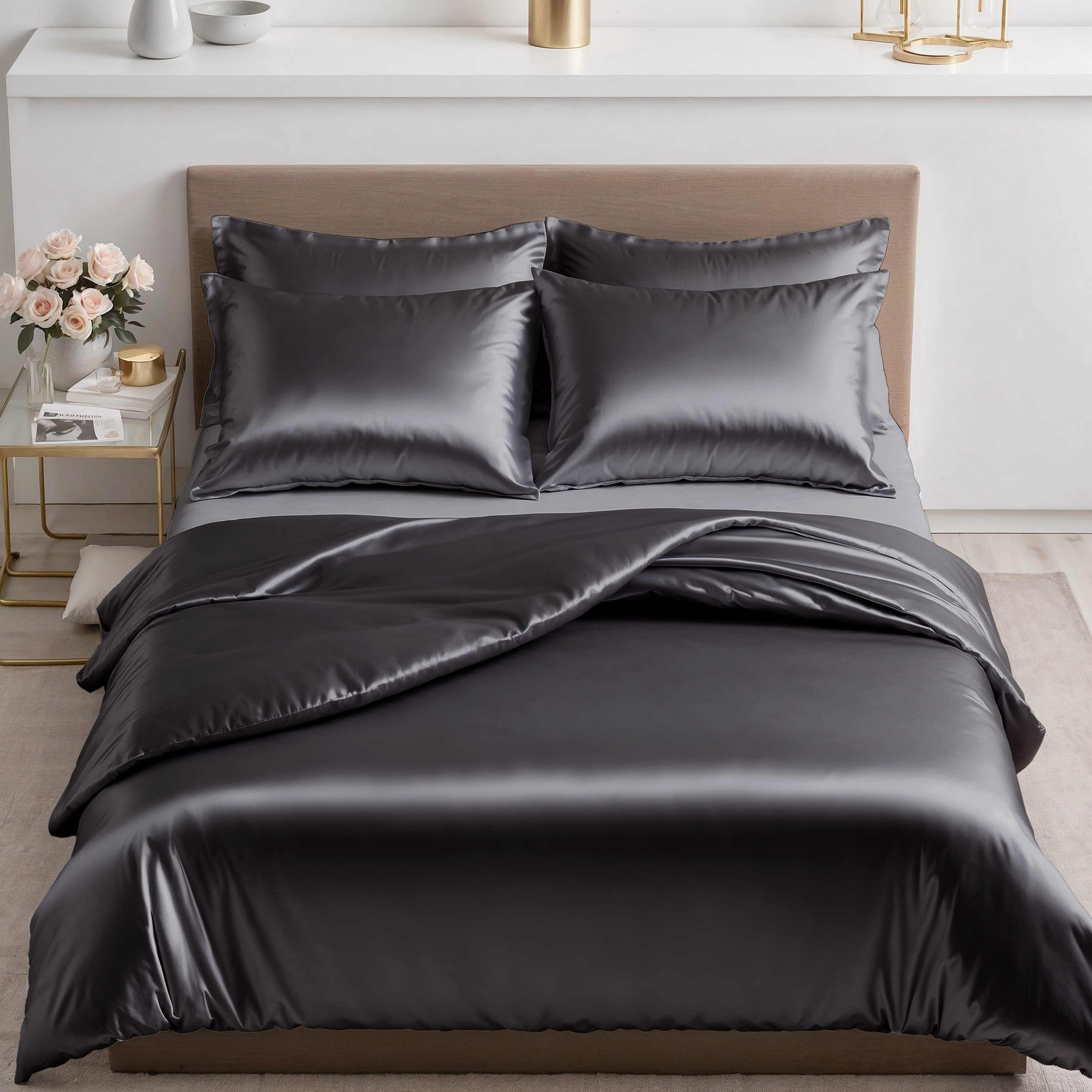 Cozyor Bettwäsche Satin glänzend 135x200, 155x200, 155x220, 200x200cm mit Reißverschluss, Satin, anthrazit Nebula, 2 teilig, Edel und hochwertig