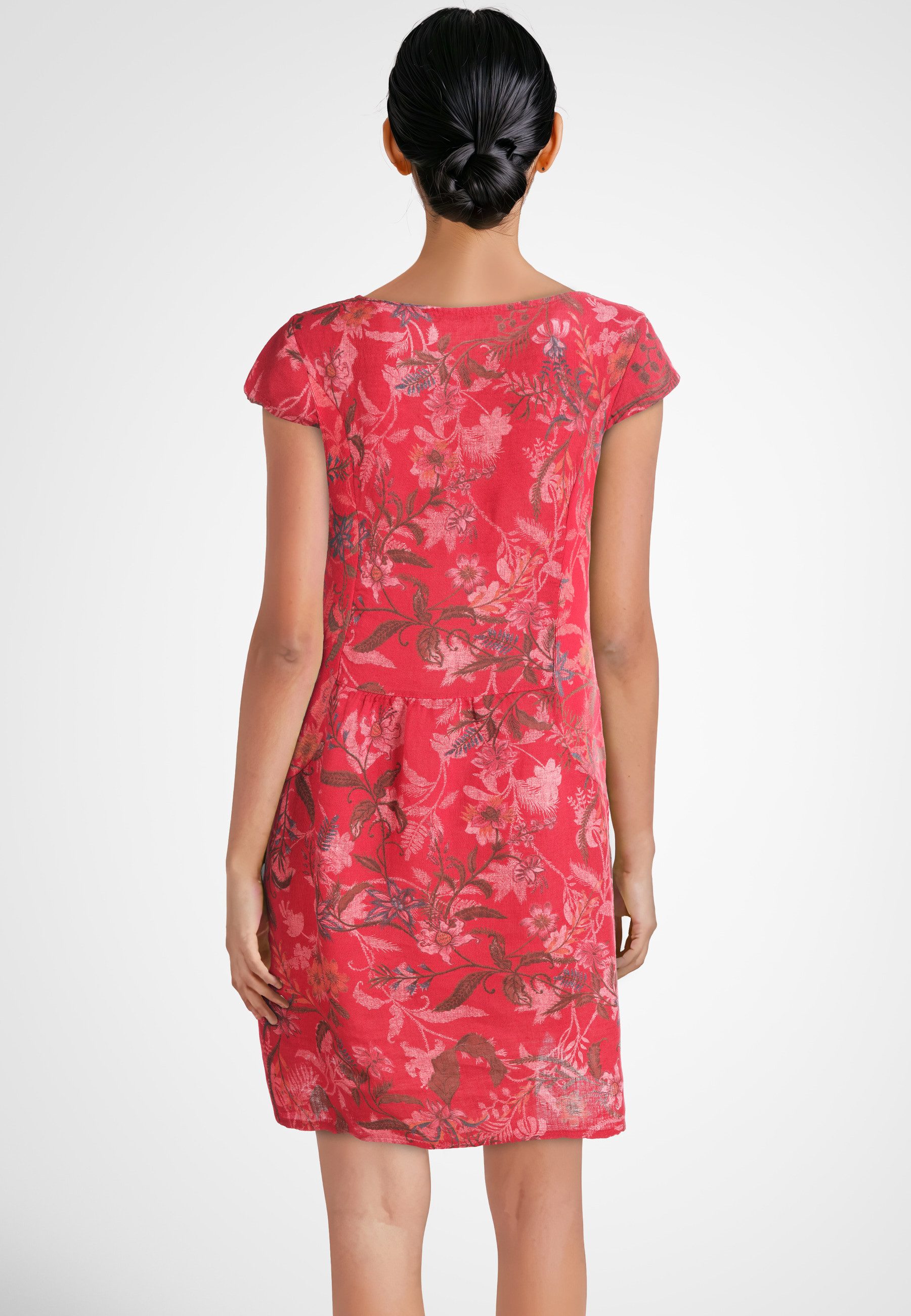 PEKIVESSA Sommerkleid Leinenkleid knielang kurzarm (1-tlg) Leinenstoff mit Blumenmuster