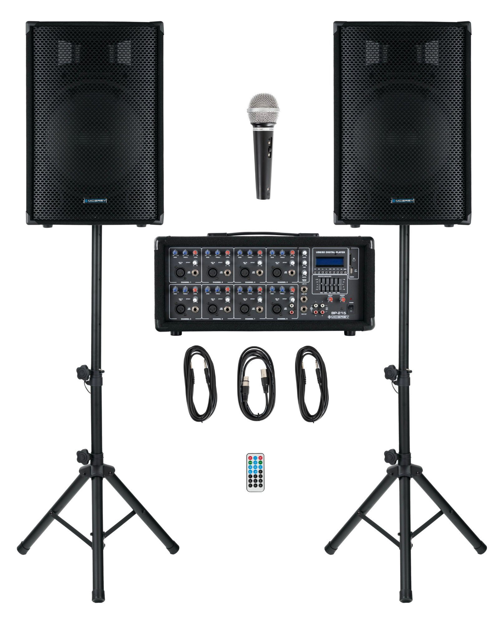 McGrey BP-215 Bandpack PA-Anlage Lautsprechersystem (Bluetooth, 150 W, inkl. 4-Kanal Powermixer - USB/SD-Slot - Mikrofon, Kabel & Stative) | Surround-Systeme