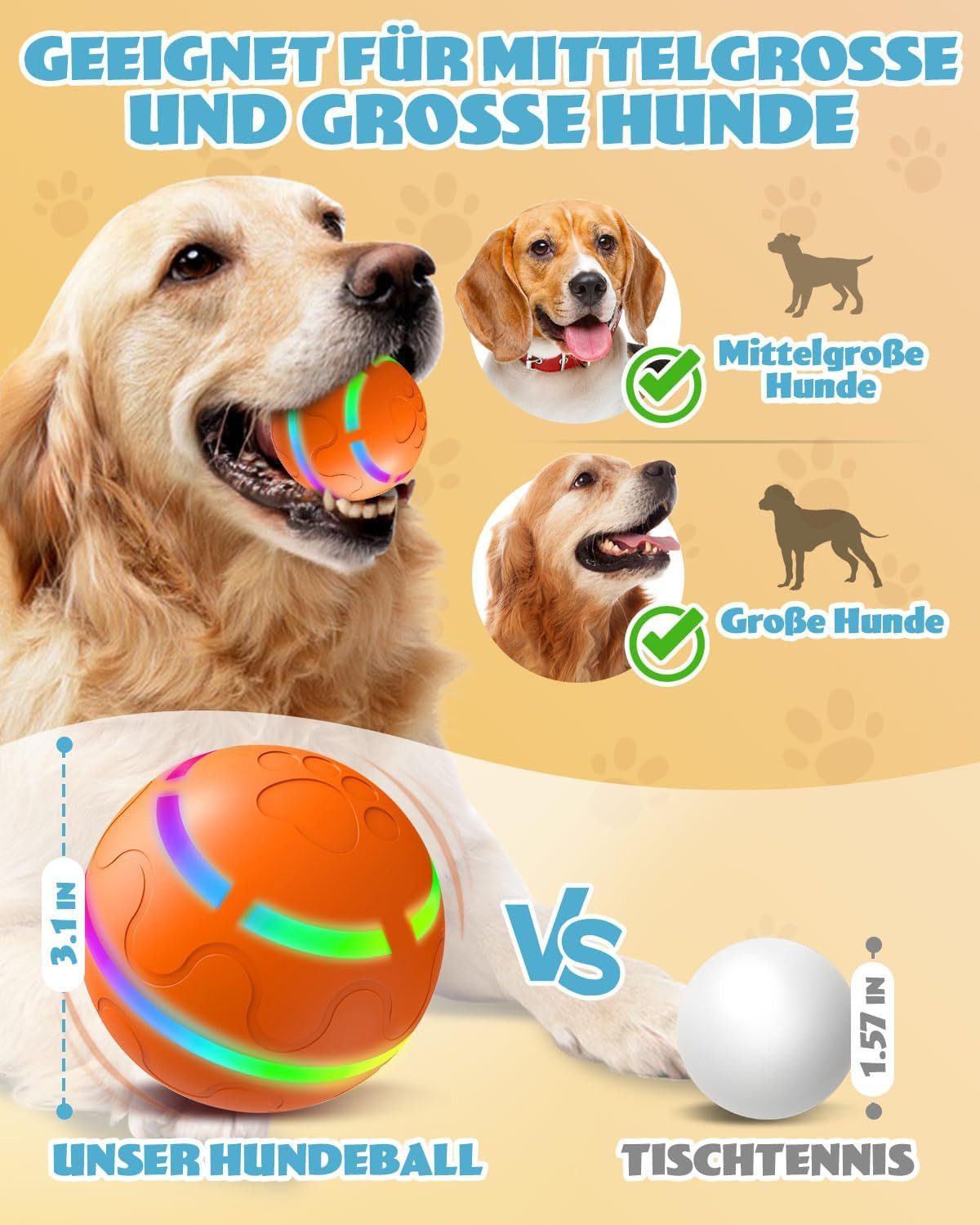 MOPUEA Tier-Intelligenzspielzeug Interaktiver Hundespielball mit LED & Fernbedienung, USB-aufladbar, Interaktives Hundespielzeug Set LED-Beleuchtung, Fernbedienung, zwei Spielmodi, USB-aufladbar, IP54