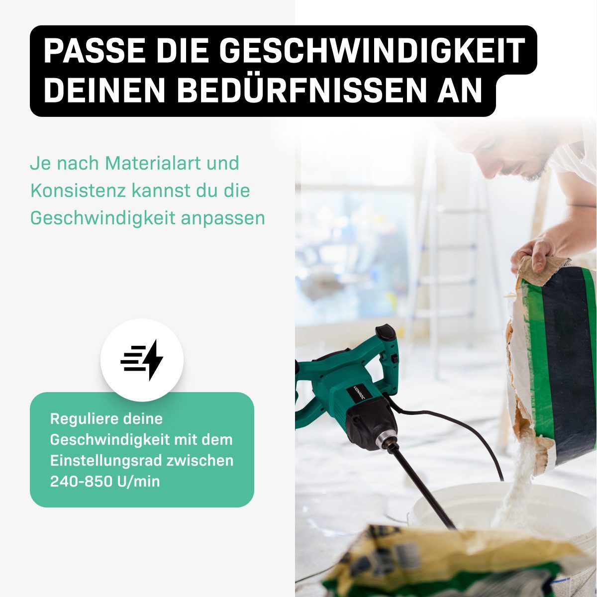 VONROC Betonmischer Mörtelrührer inkl. Rührwerk, (Set, Zementmischer Vonroc), Quirl mit Sanftanlauf - 2 Geschwindigkeitsmodi