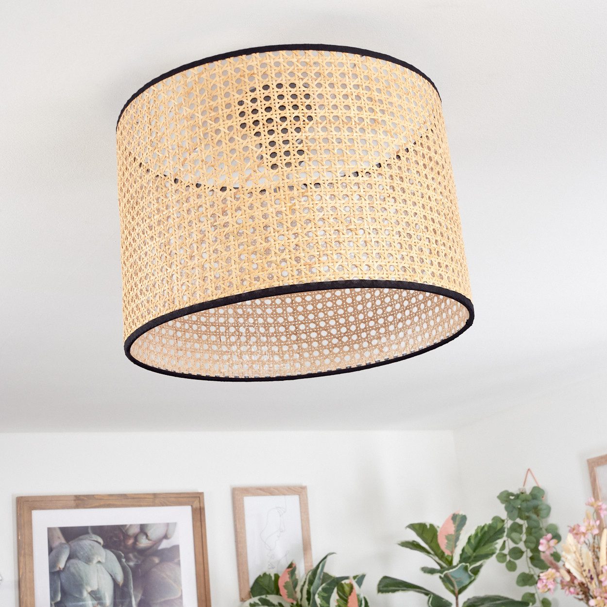 hofstein Deckenleuchte Deckenlampe aus Metall/Rattan/Stoff in Schwarz/Natur günstig online kaufen