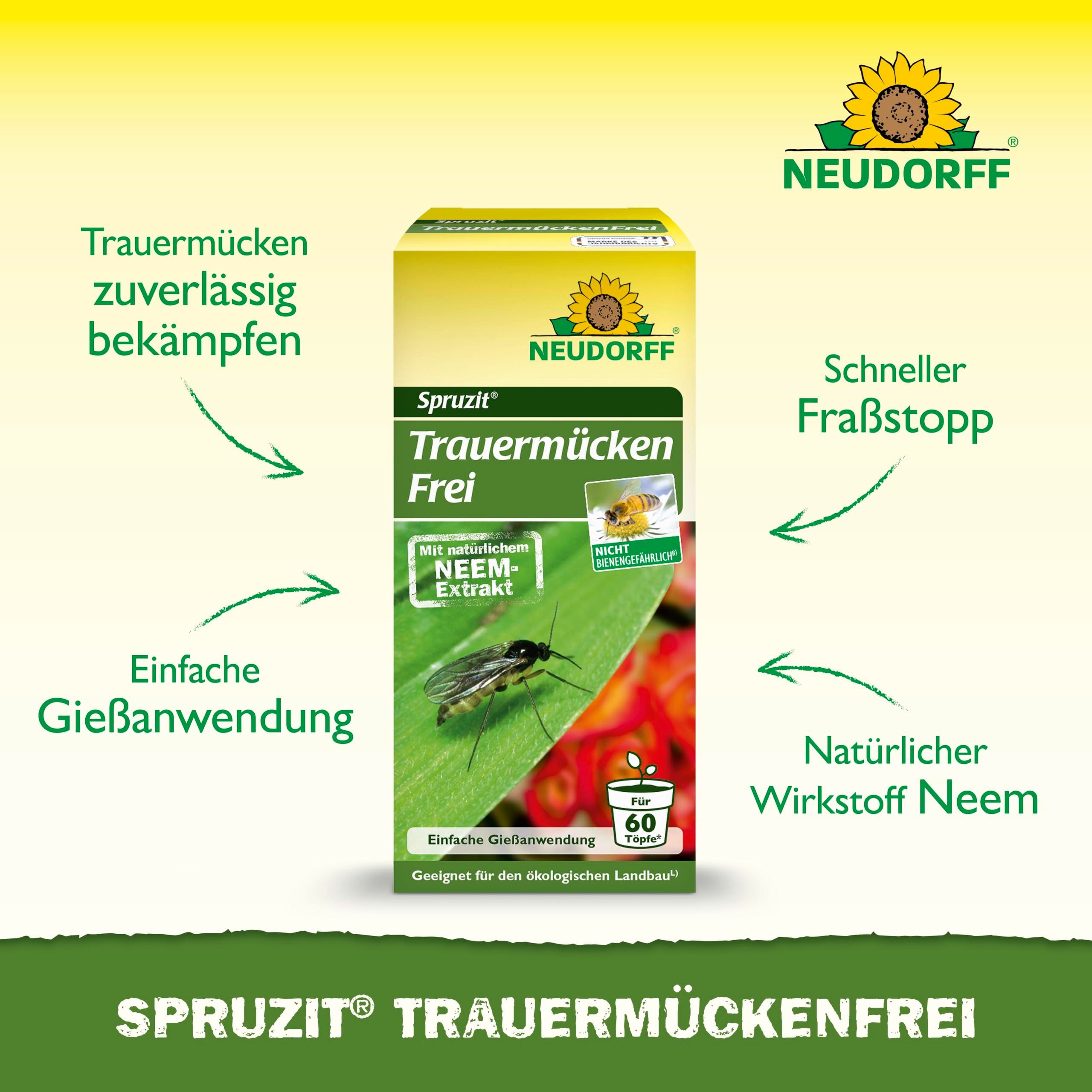 Neudorff Insektenspray Spruzit Trauermückenfrei 30 ml - zum gießen für 60 Pflanzen, 30 ml, Gießmittel zur Bekämpfung von Trauermücken mit einem natürlichen Wirkstoff aus den Samen des Neem-Baums