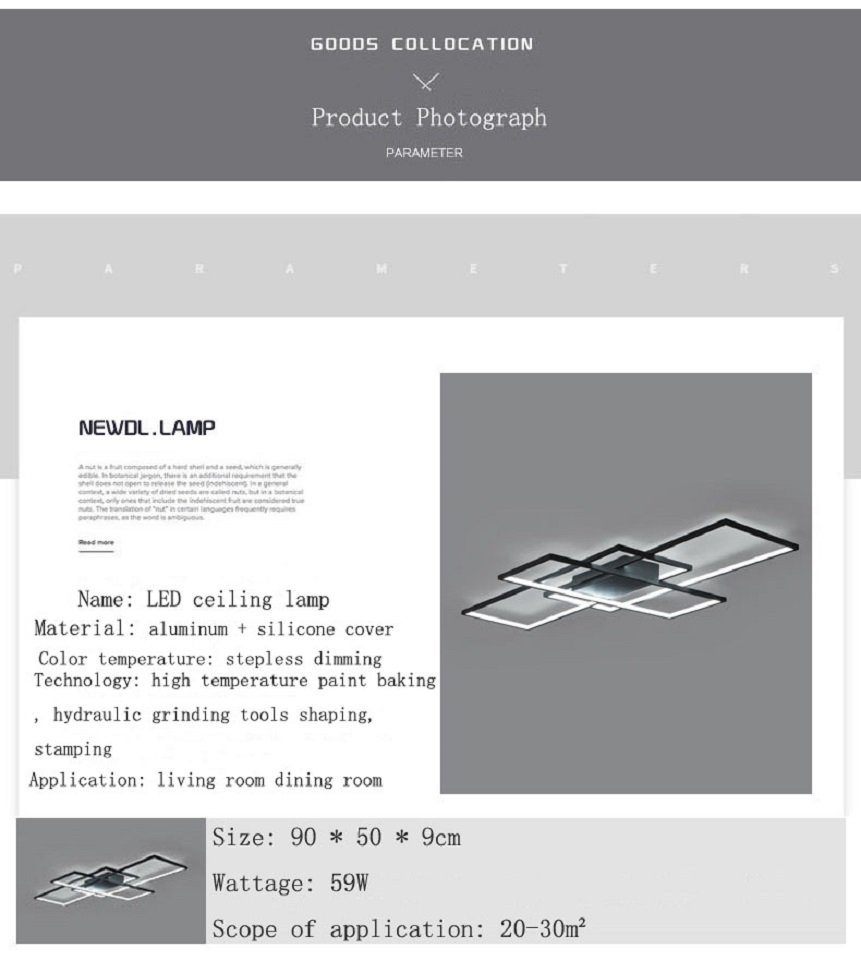 Daskoo Deckenleuchten Rechteck Weiß Dimmen, fest Modern 59W, LED LED LED Deckenlampe integriert, Deckenleuchte Dimmfunktion,Fernbedienung, Stufenloses