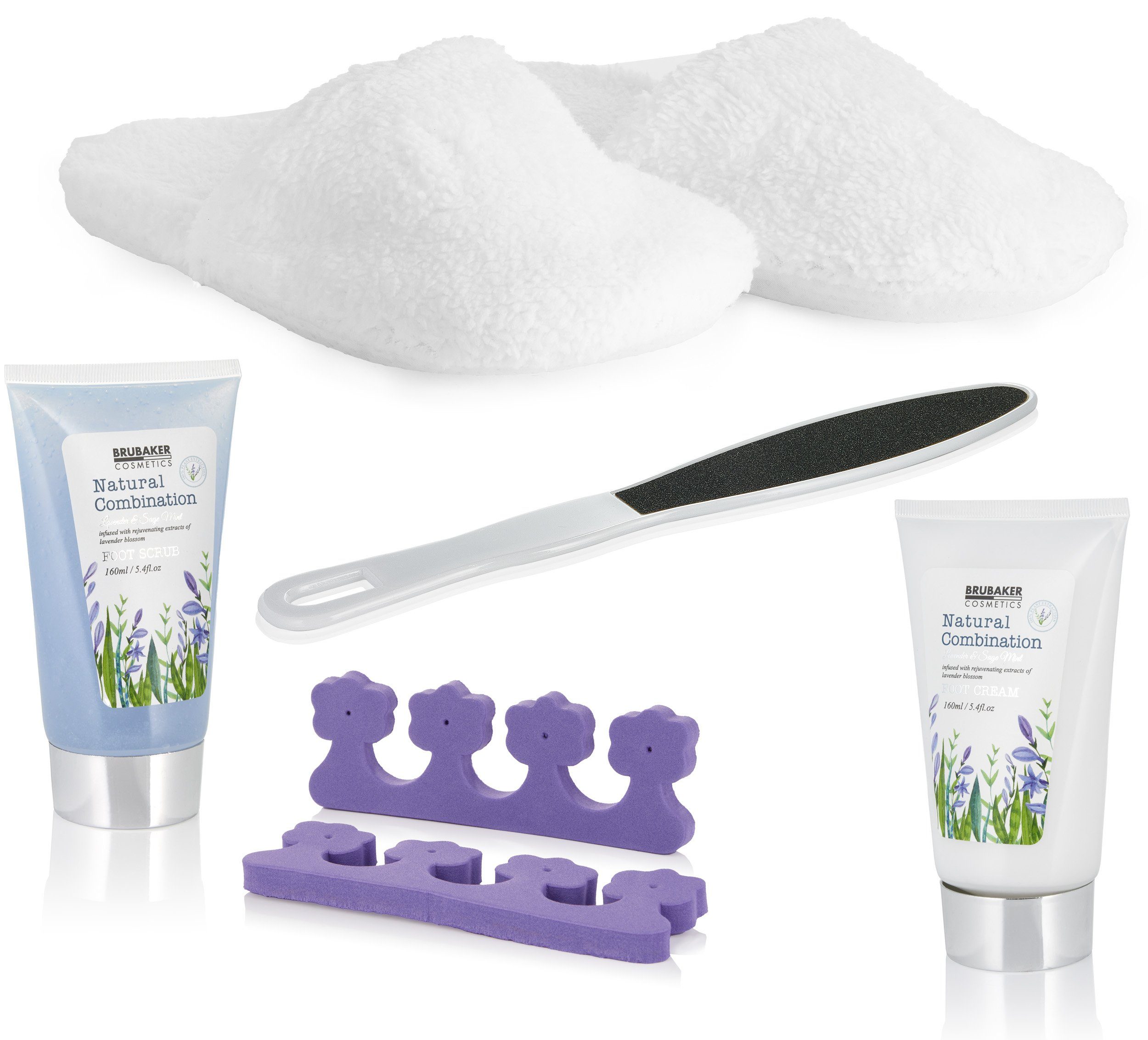 BRUBAKER Pflege-Geschenkset Beauty Wellness Set mit Lavendel Salbei Minze Duft - inkl. Hausschuhen, 6-tlg., Frauen Fußpflege Set mit Slippers aus Teddy Plüsch,  – Bild 3 von 5
