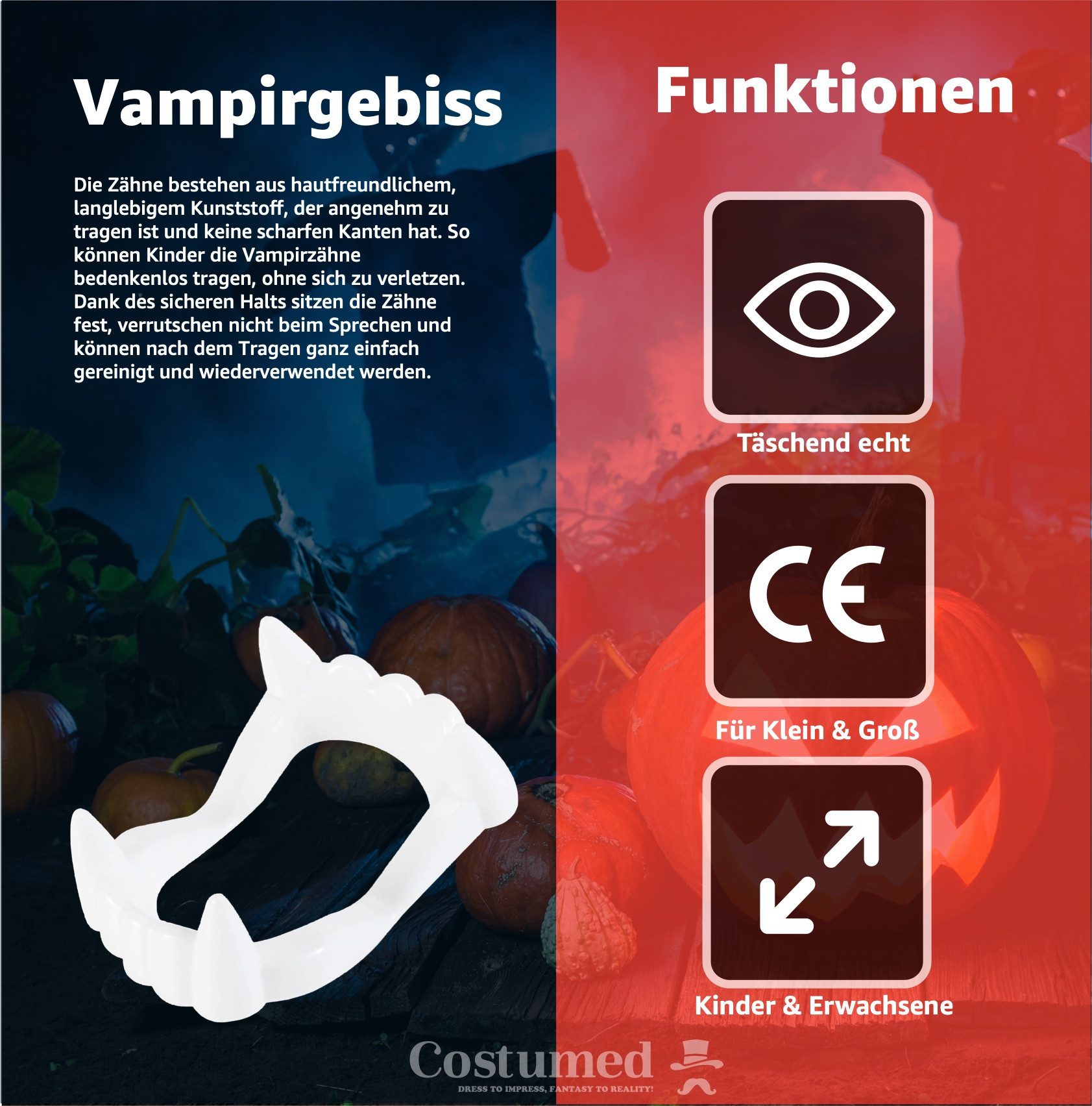 Costumed Kostüm Kostüm 20x Kinder Vampirzähne: Sicher Dracula Halloween Kostüm Kinder, realistischer Look