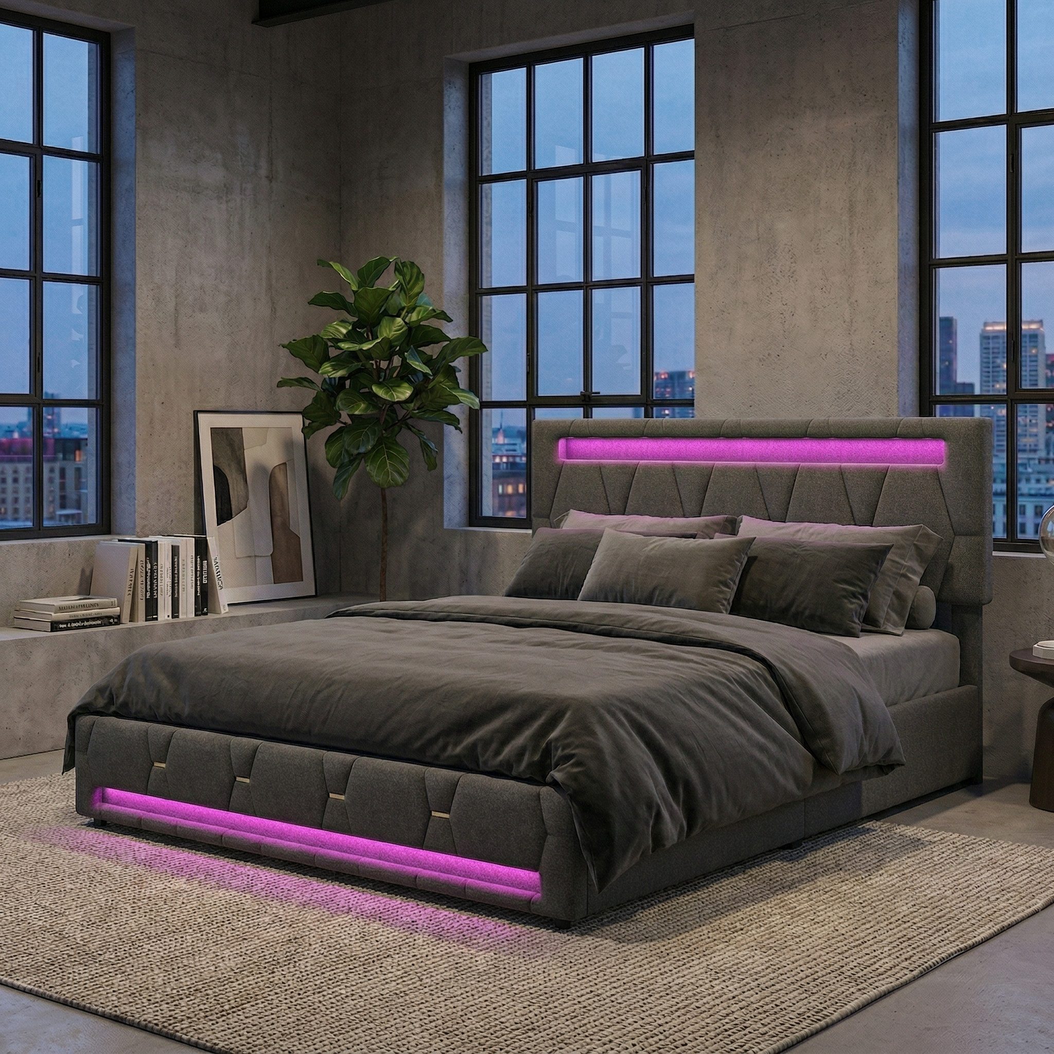 Gdood Polsterbett Stauraumbett Doppelbett LED (Vier extra große Schubladen unter dem Bett), Mit LED-Beleuchtung, Stauraum, Leinen, 140x200 cm