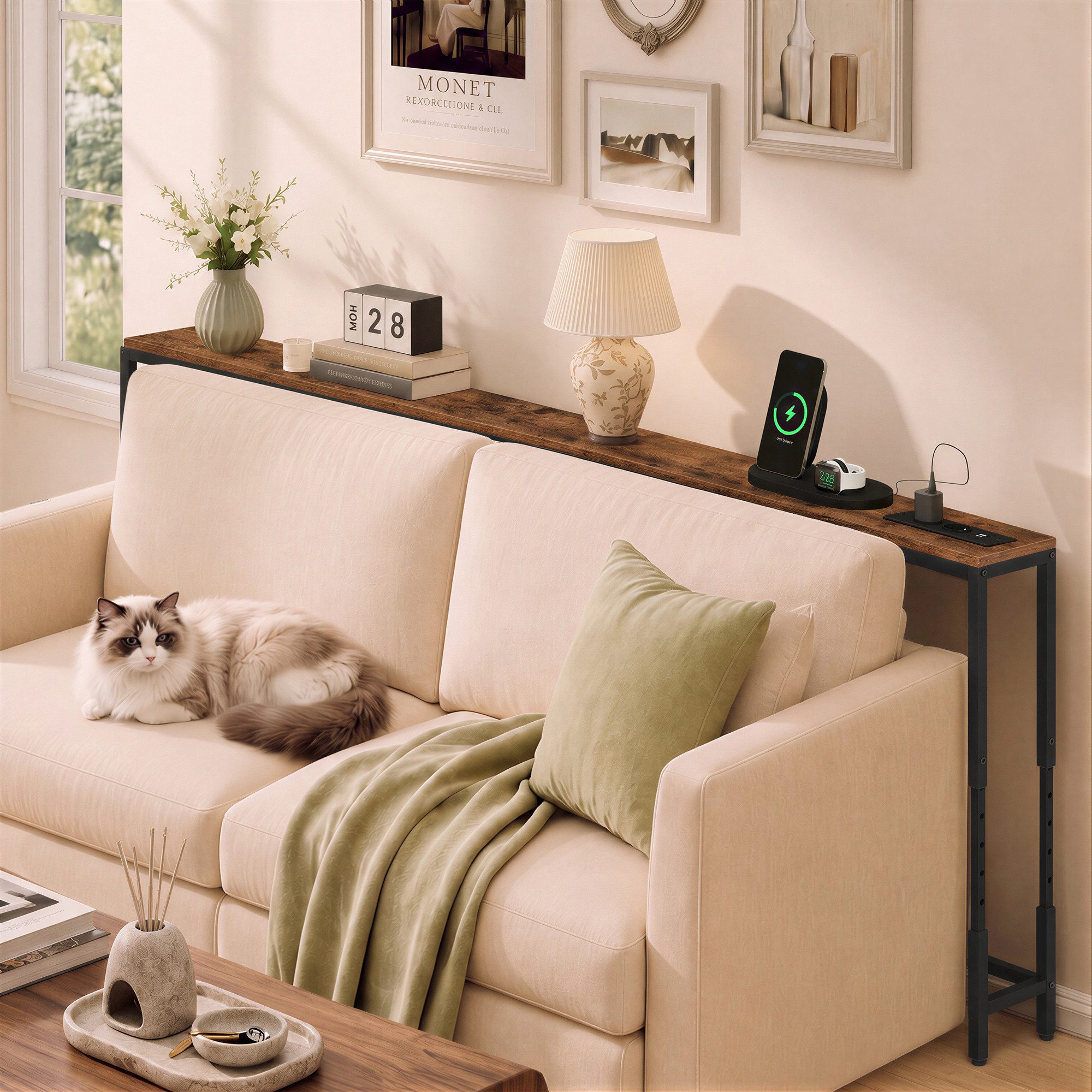 VASAGLE Konsolentisch Höhenverstellbarer Schmaler Sofatisch mit Steckdose, 160 x 15 x (64-89,4) cm, für Wohnzimmer