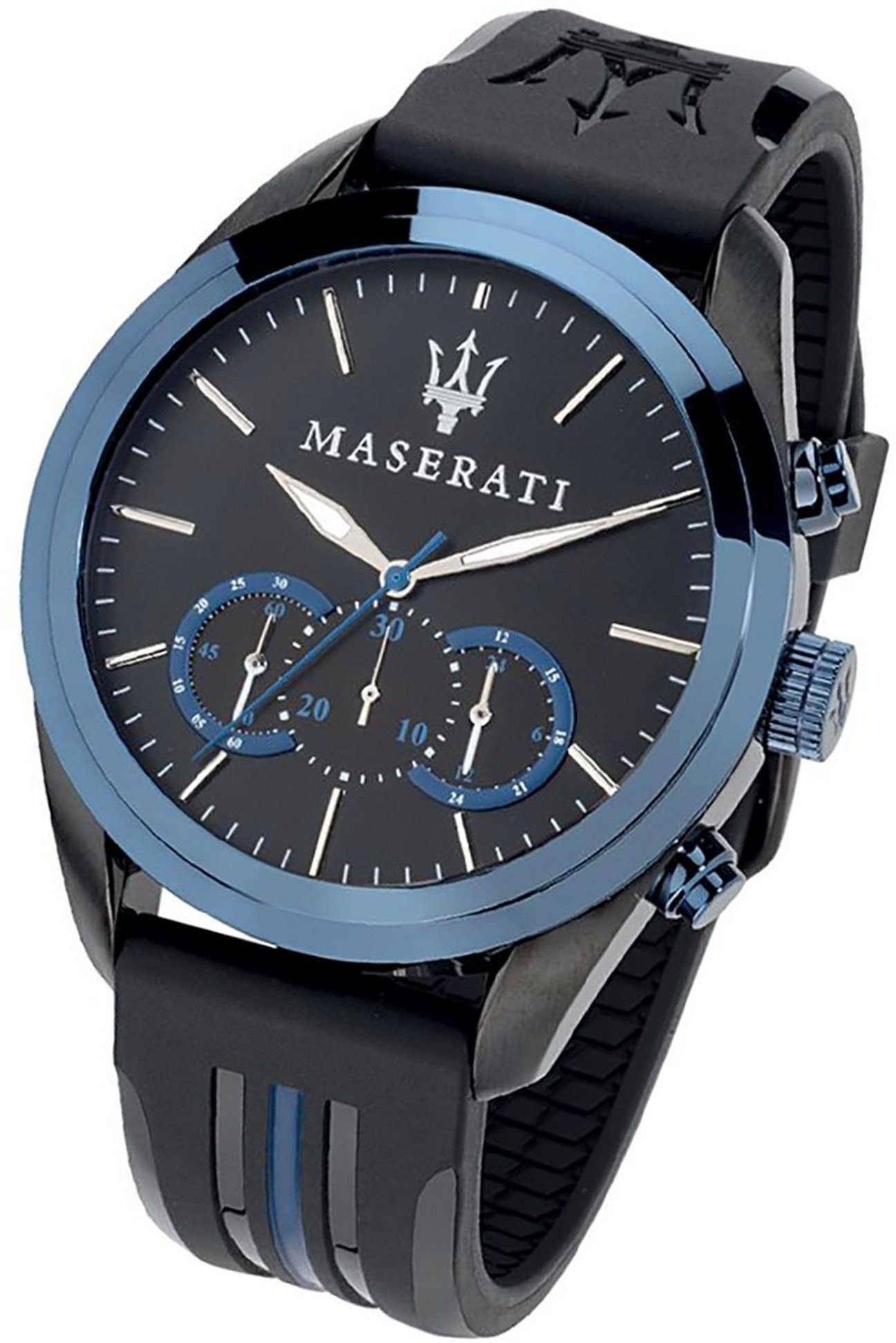 MASERATI Chronograph Maserati Silikon Uhr Chronograph, Herrenuhr Silikonarmband, rundes Gehäuse, groß (ca. 55x45mm) blau
