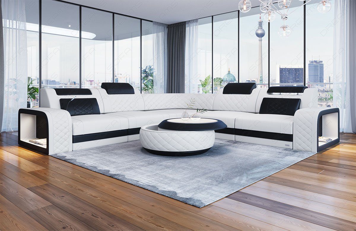 Sofa Dreams Ecksofa Leder Couch Form LED, mit L Sofa Designersofa Foggia verstellbare Ledersofa, Kopfstützen