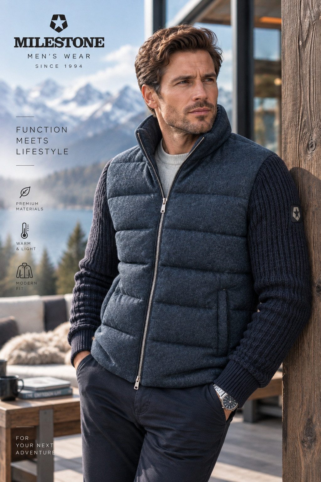 MILESTONE Hybridjacke MSChester Steppjacke mit Strickelementen in Jersey Qualität aus Wollmischung