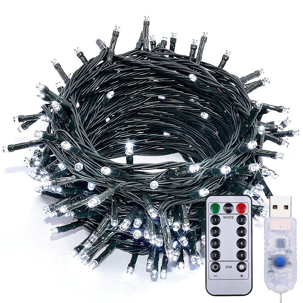 Rosnek LED-Lichterkette 5-10M 50-100 LEDs Vorhang LED Lichterkette Weihnachtsbaum Light, Wasserdicht, 8 Modi,mit Fernbedienung Weiß