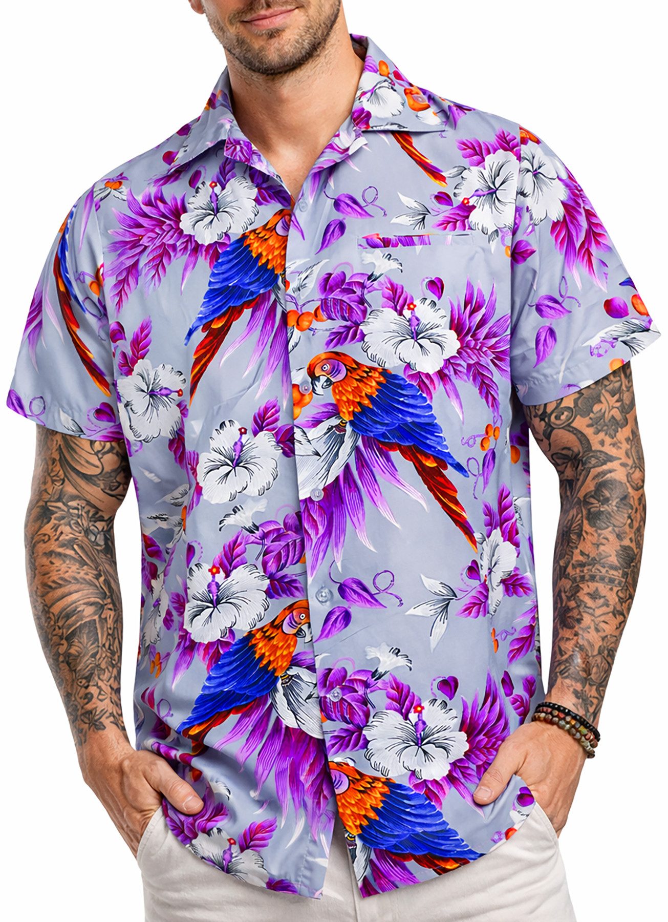 King Kameha Hawaiihemd "Cherry Parrot" Funky Hawaiihemd Herren Kurzarm Fronttasche Sommerhemd