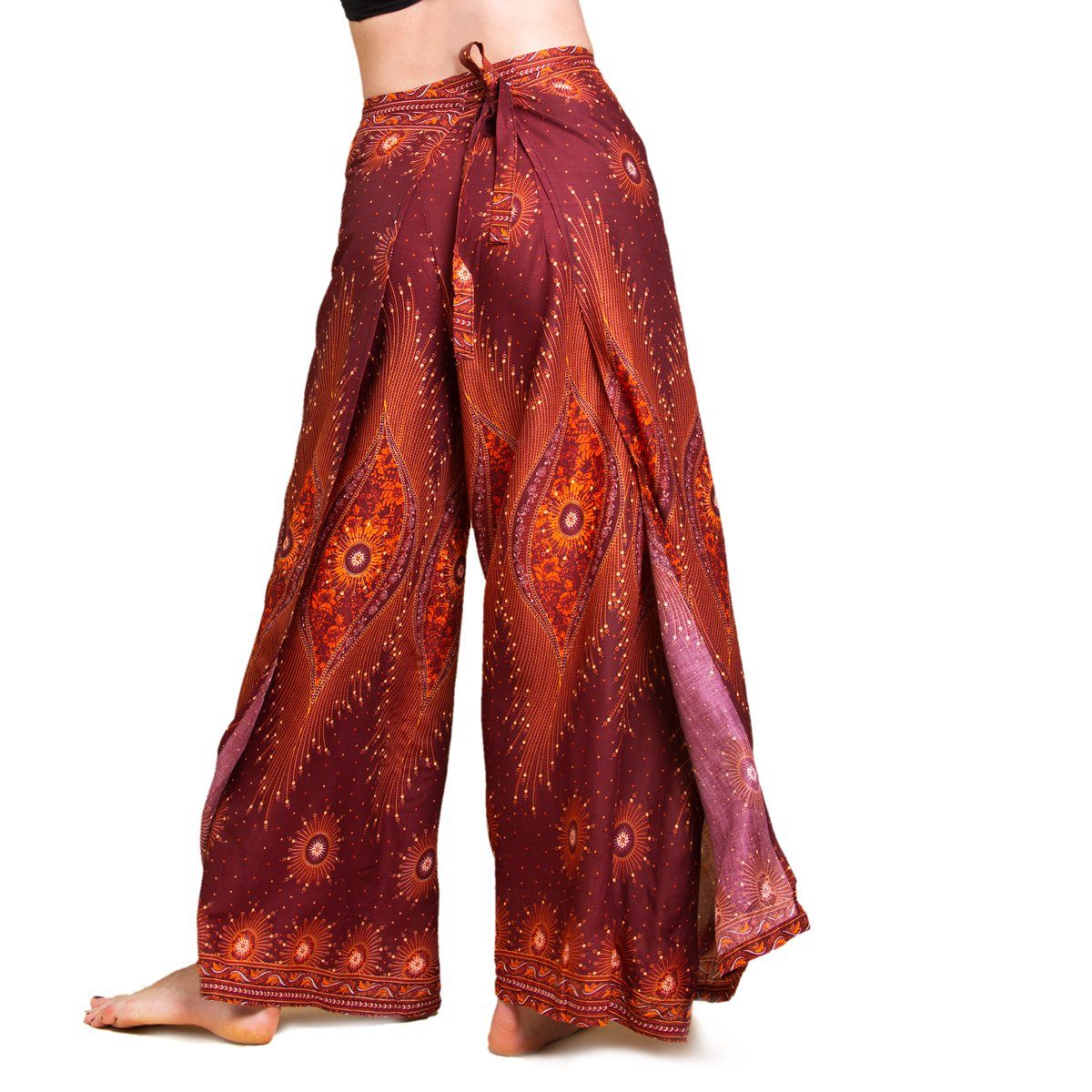 PANASIAM Palazzohose Sunshine Pants Wickelhose aus natürlicher Viskose Palazzohose im Peacock Design langer Boho Hosenrock Haremshose Pareo Hose