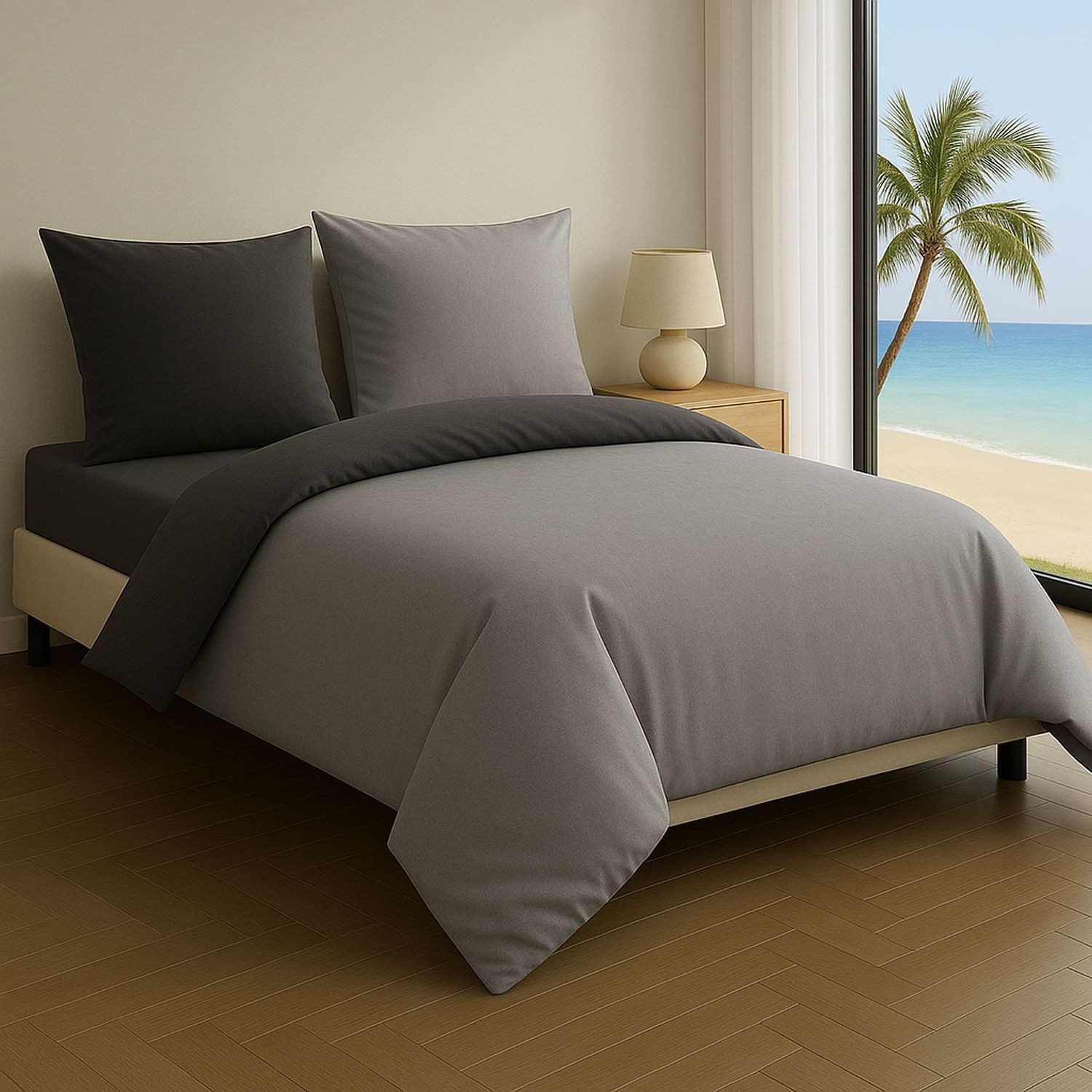 Leonado Vicenti Bettwäsche Luxus Satin-Bettwäsche aus 100 % Baumwolle, Satin, 4 teilig, Wendebettwäsche, hochwertig, dezenter Glanz, Unifarben, Anthrazit