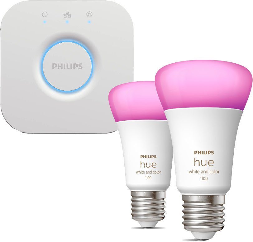 Philips Hue LED-Leuchtmittel White & Color Amb., E27, Farbwechsler, Hue Bridge, Netzteil, Ethernet-Netzwerkkabel, Hue White & Col. Amb.