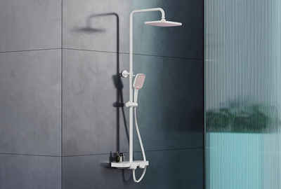 Bernstein Duschsystem mit Thermostat Weiß matt, Regendusche Duschbrause, mit Anti-Kalk-Düsen, Höhenverstellbare Duschstange