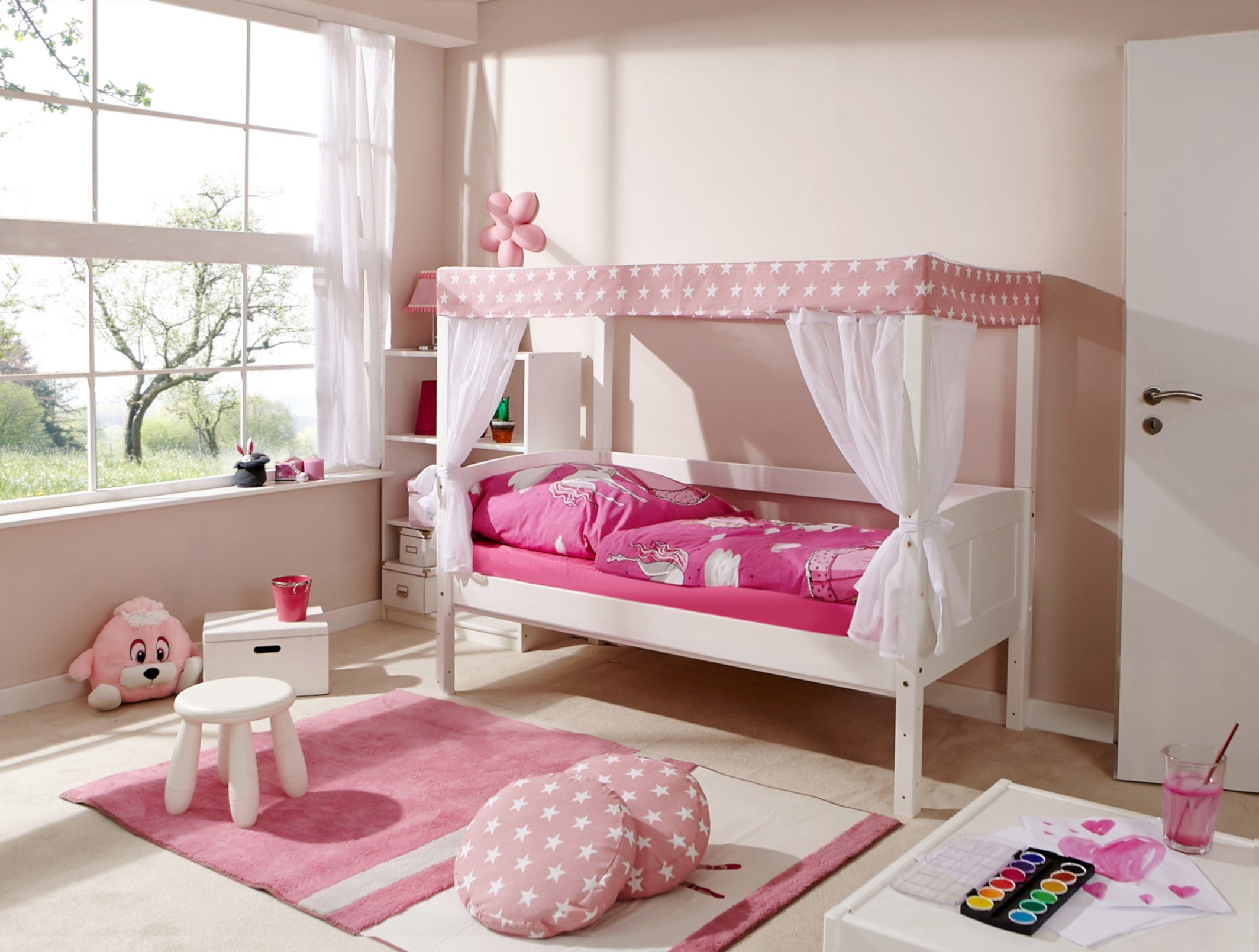 Ticaa Himmelbett Himmelbett Mini mit Bettkasten "Stern Rosa" Kiefer, Oberer Teil abnehmbar und als Einzelbett stellbar