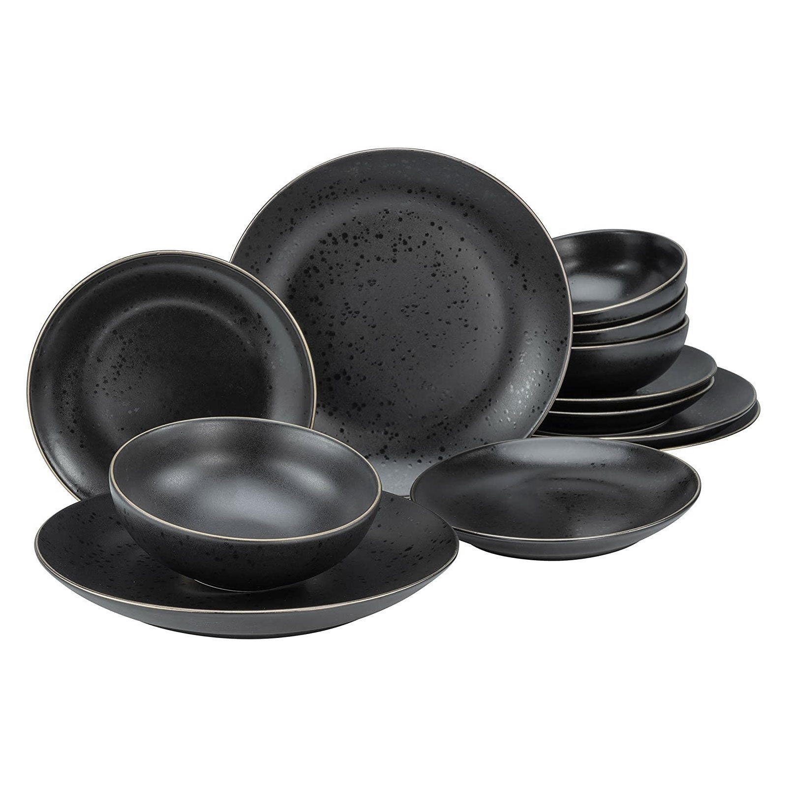 CreaTable Teller-Set Geschirr-Set Industrial (12-tlg), 4 Personen, Steinzeug,  Service, schwarz, Goldrand, 12 Teile, für 4 Personen, für die festliche  Tafel und für den Daily Use geeignet