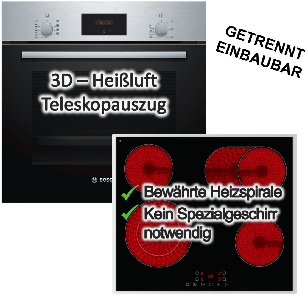 BOSCH Backofen-Set Teleskopauszug Versenkknebel 3D + PKM Glaskeramikkochfeld Bräterzone, mit 1-fach Teilauszug