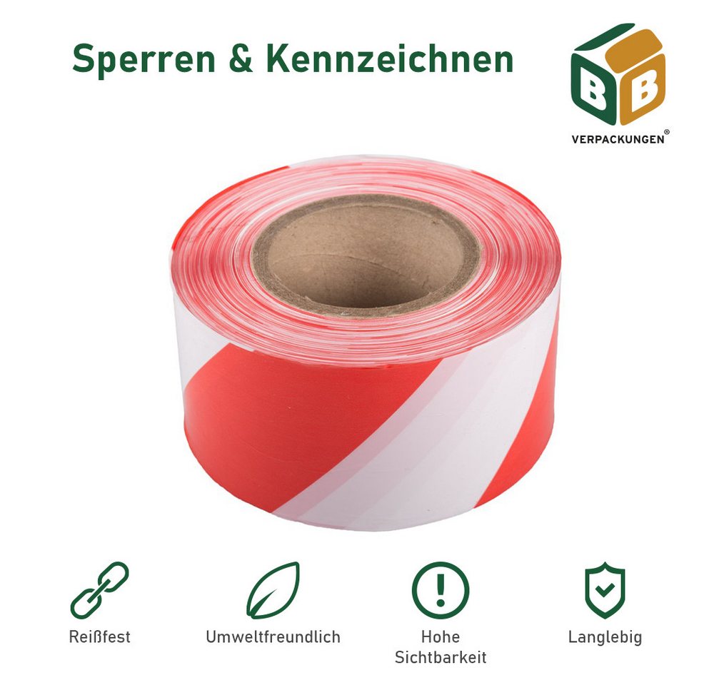 Thumbnail - BB-Verpackungen Warnschild Absperrband, (4 St), 79 mm x 500 m, rot/weiß, sehr reißfest