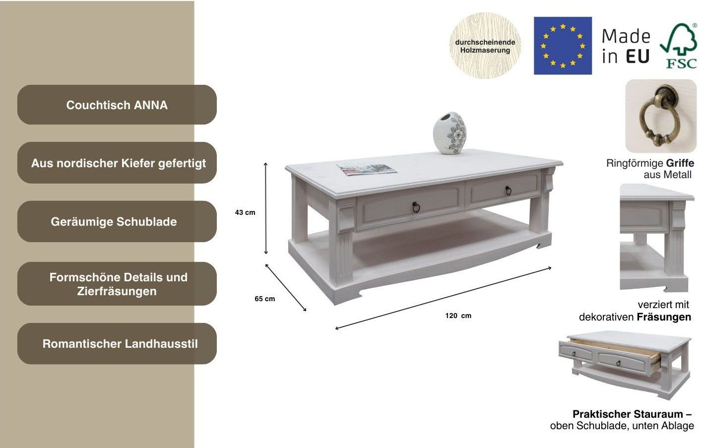OTTO home Couchtisch Anna (Gesamtmaße (B/T/H): ca. 120/65/43 cm), Kaffeetisch mit Schublade und Ablage, Massivholz, FSC®