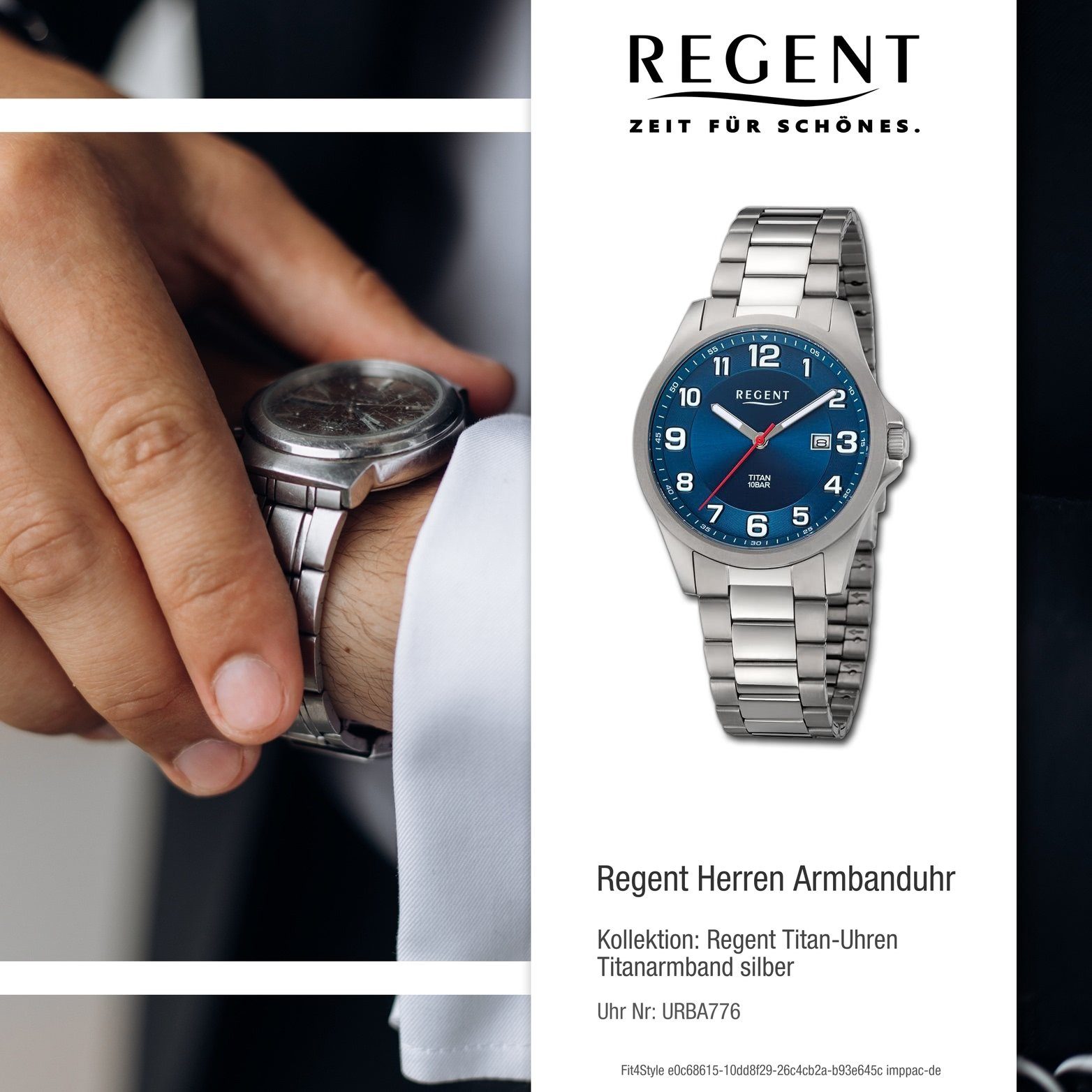 Regent Quarzuhr extra Analog, rundes Gehäuse, Armbanduhr silber, Regent Herren (ca. groß 39mm) Herrenuhr Titanarmband