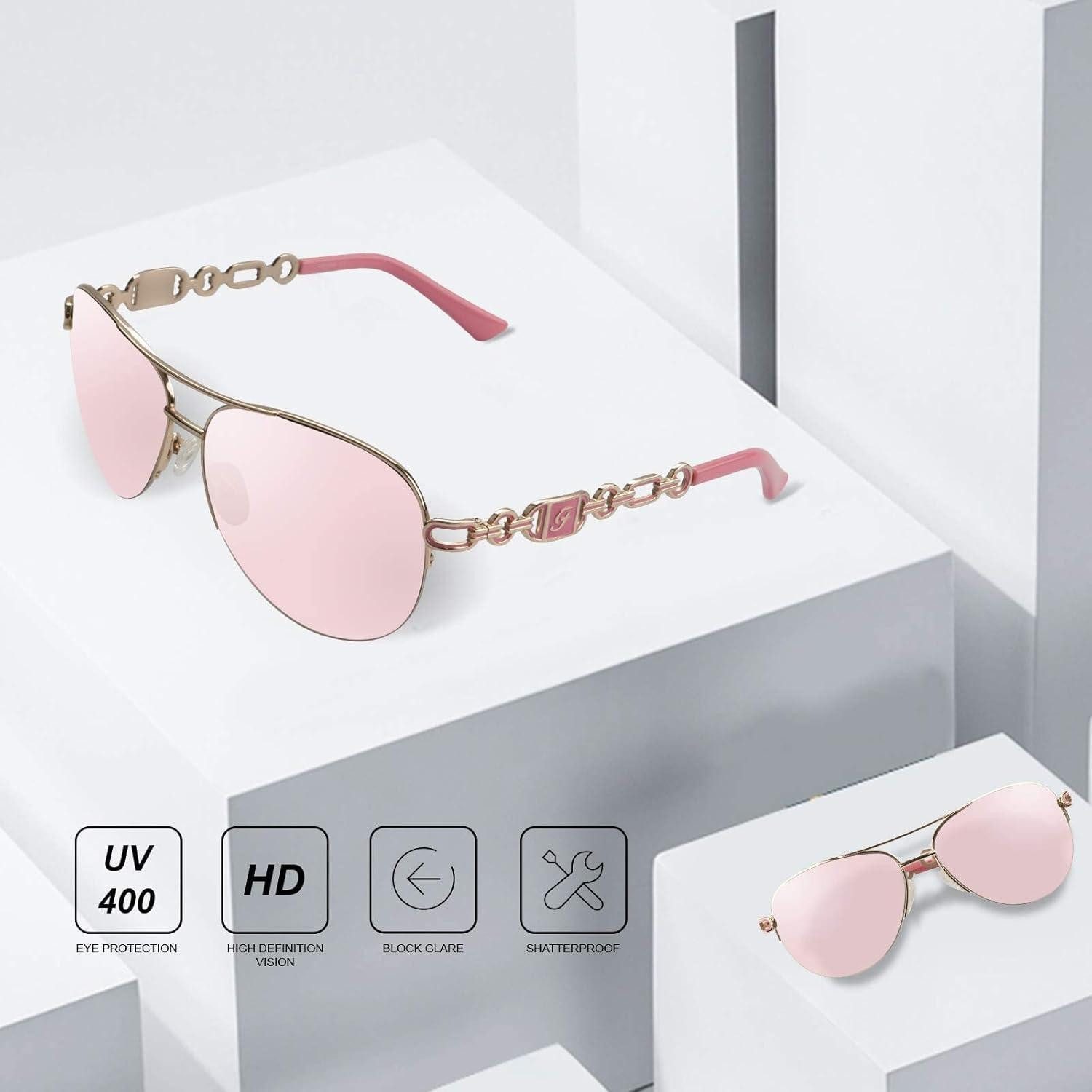 LuxusKollektion Pilotenbrille Sonnenbrille Damen UV400 Gestell Gold Gläser Rosarot Verspiegelt
